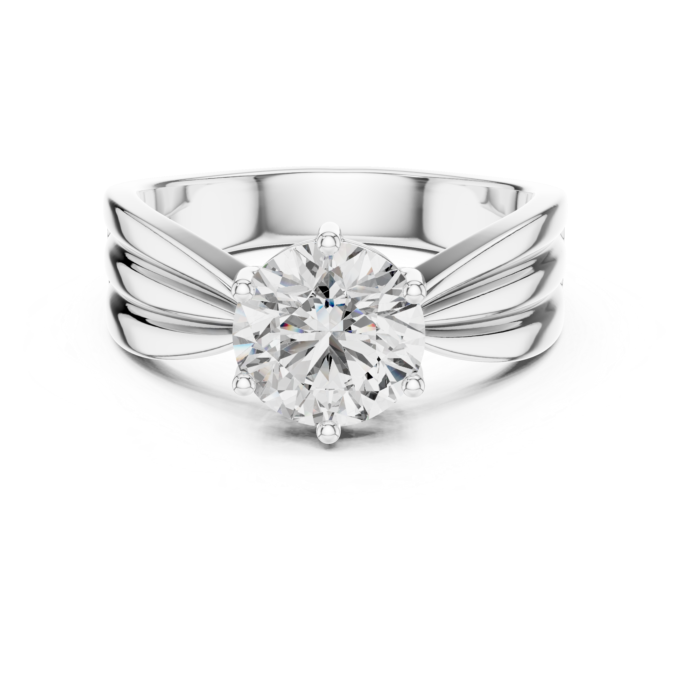 Silver ring with a large diamond on a white background
