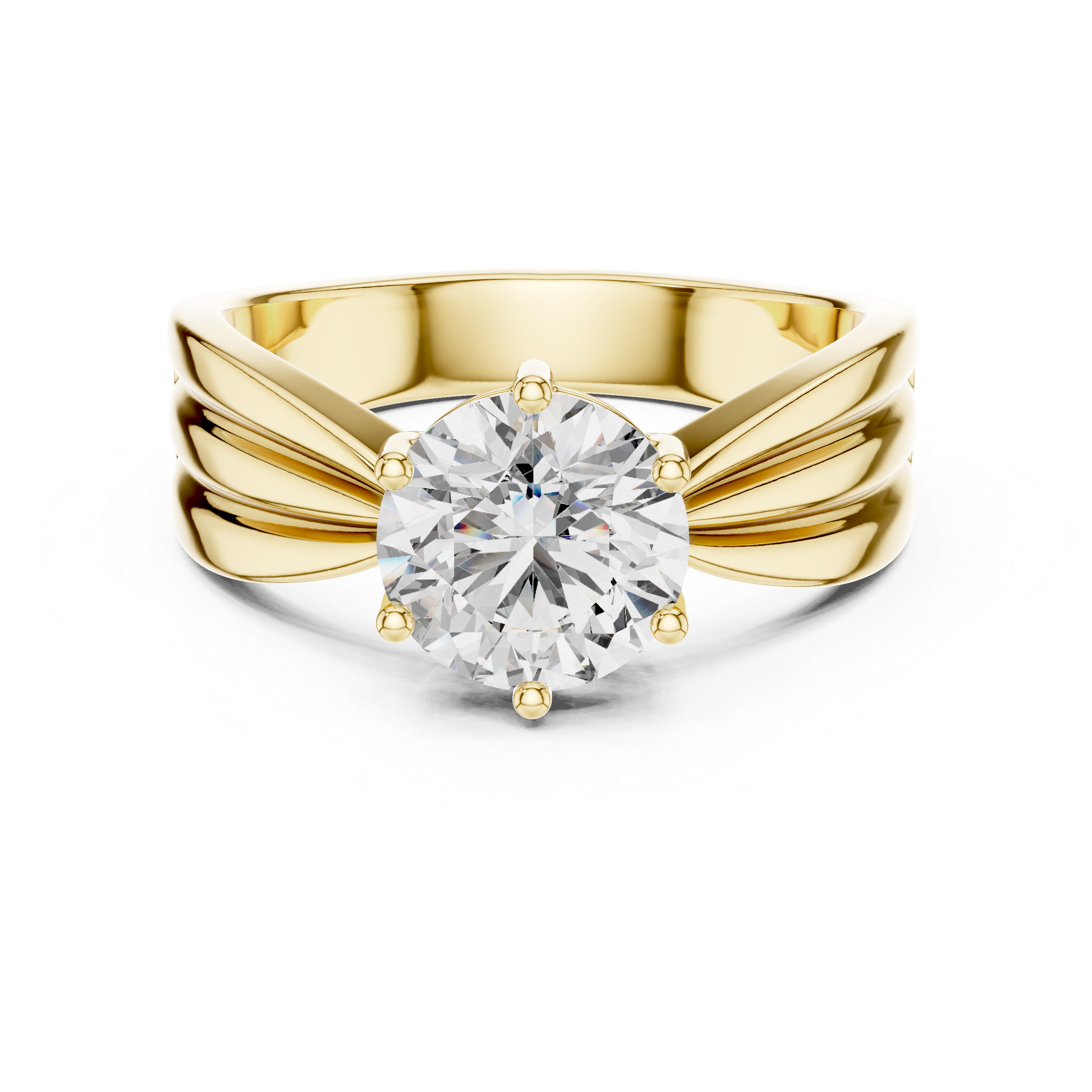 Gold ring with a large diamond on a white background