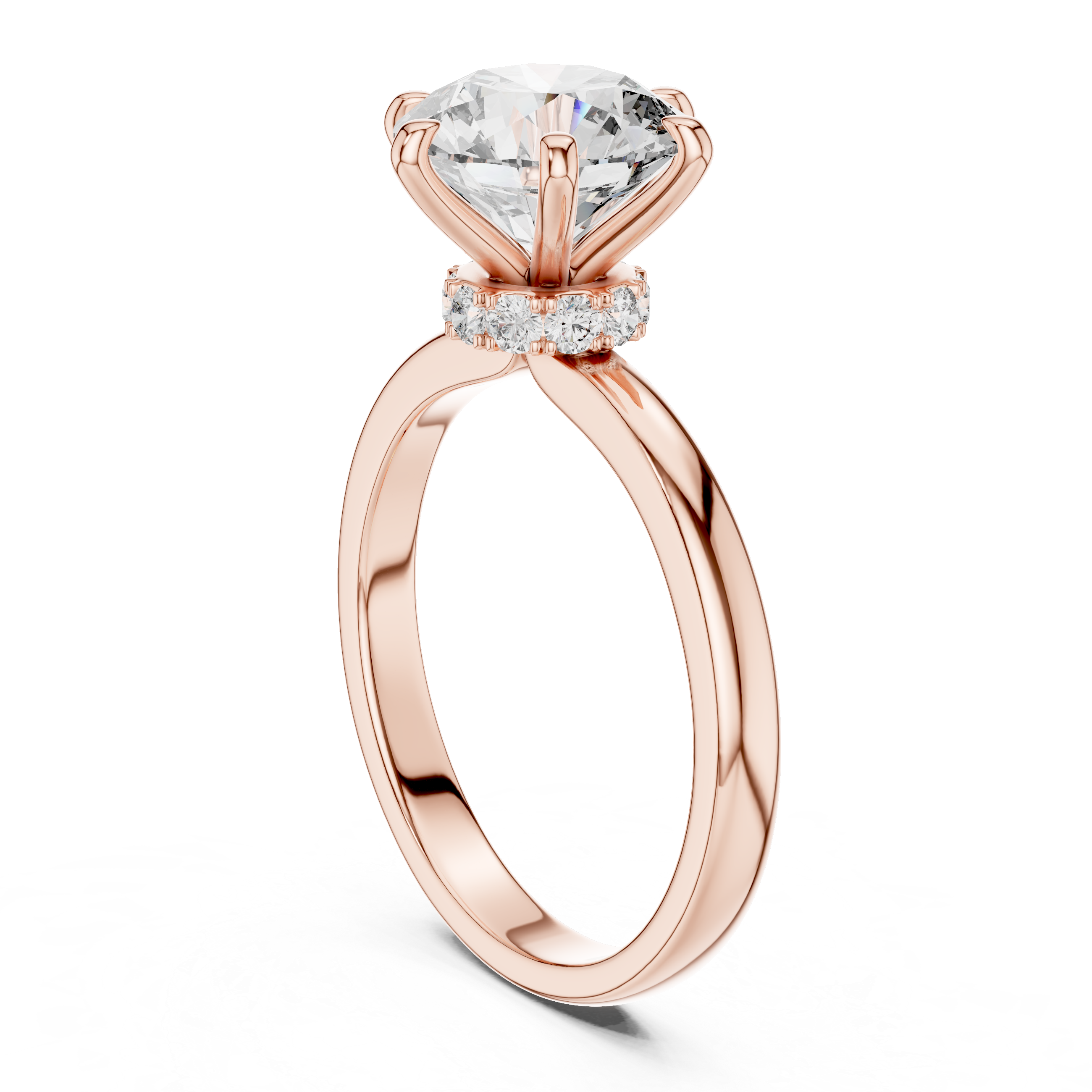 Rose gold ring with a large diamond and smaller diamonds on the band against a white background