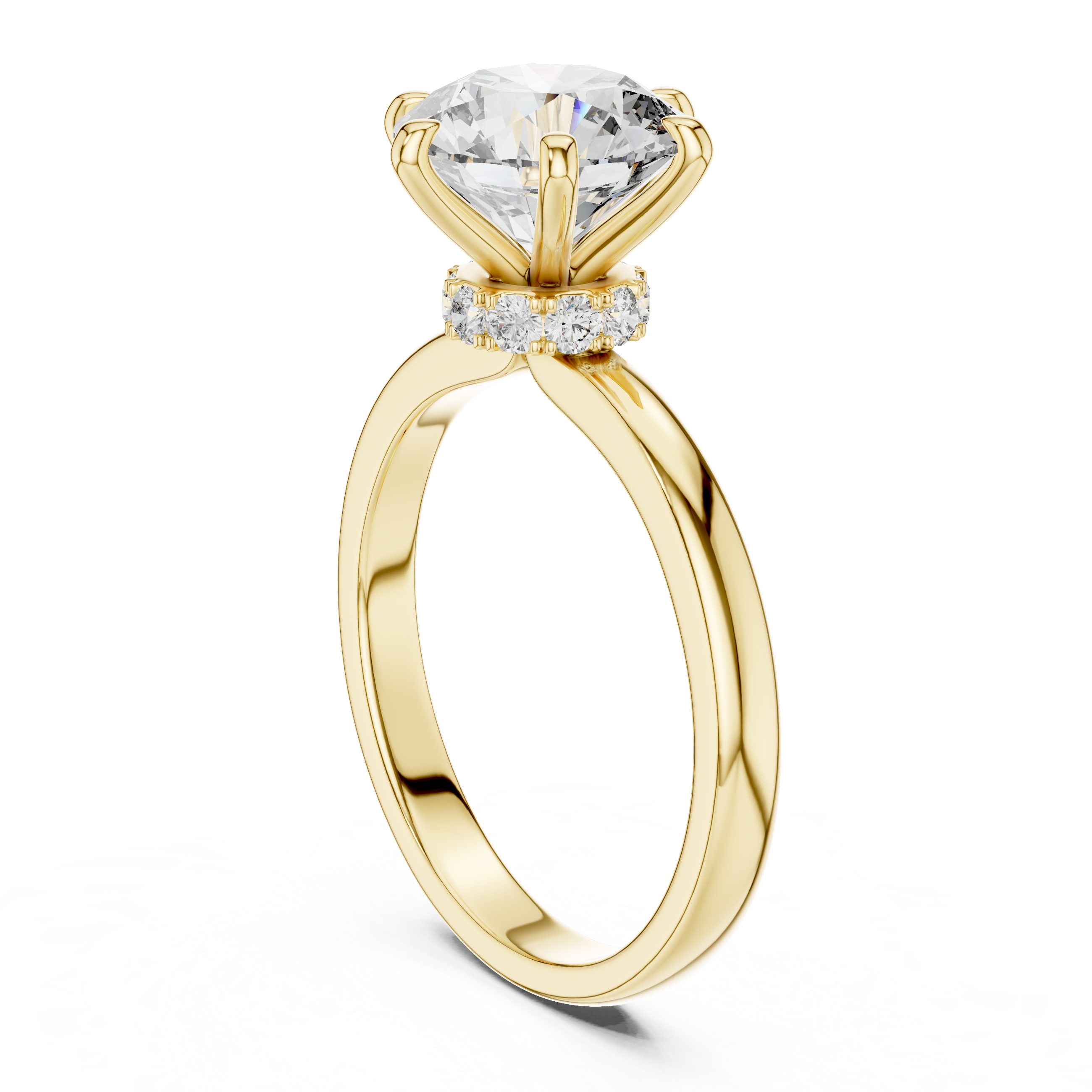 Gold ring with a large diamond and smaller diamonds on a white background