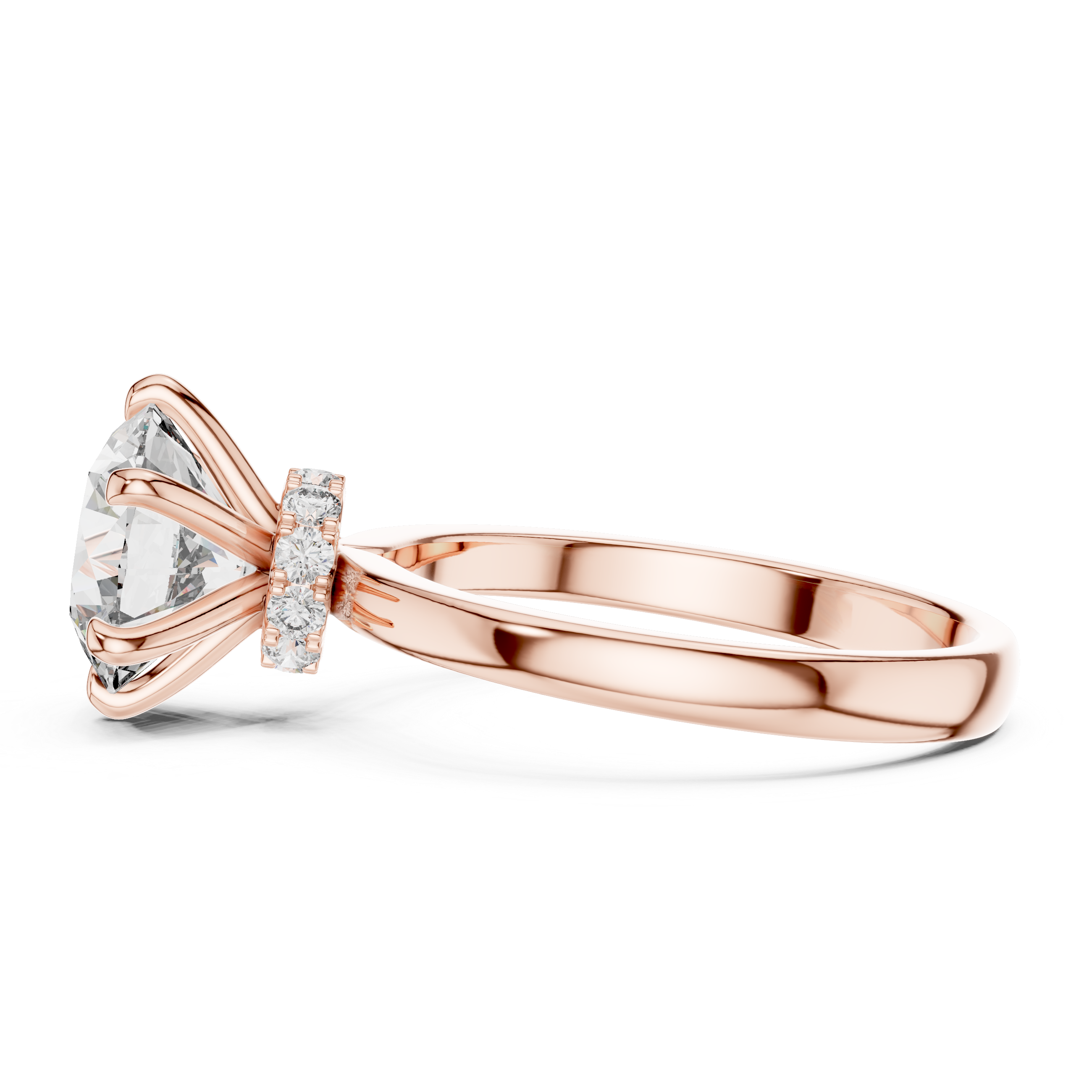 Rose gold ring with a large diamond and smaller diamonds on a white background