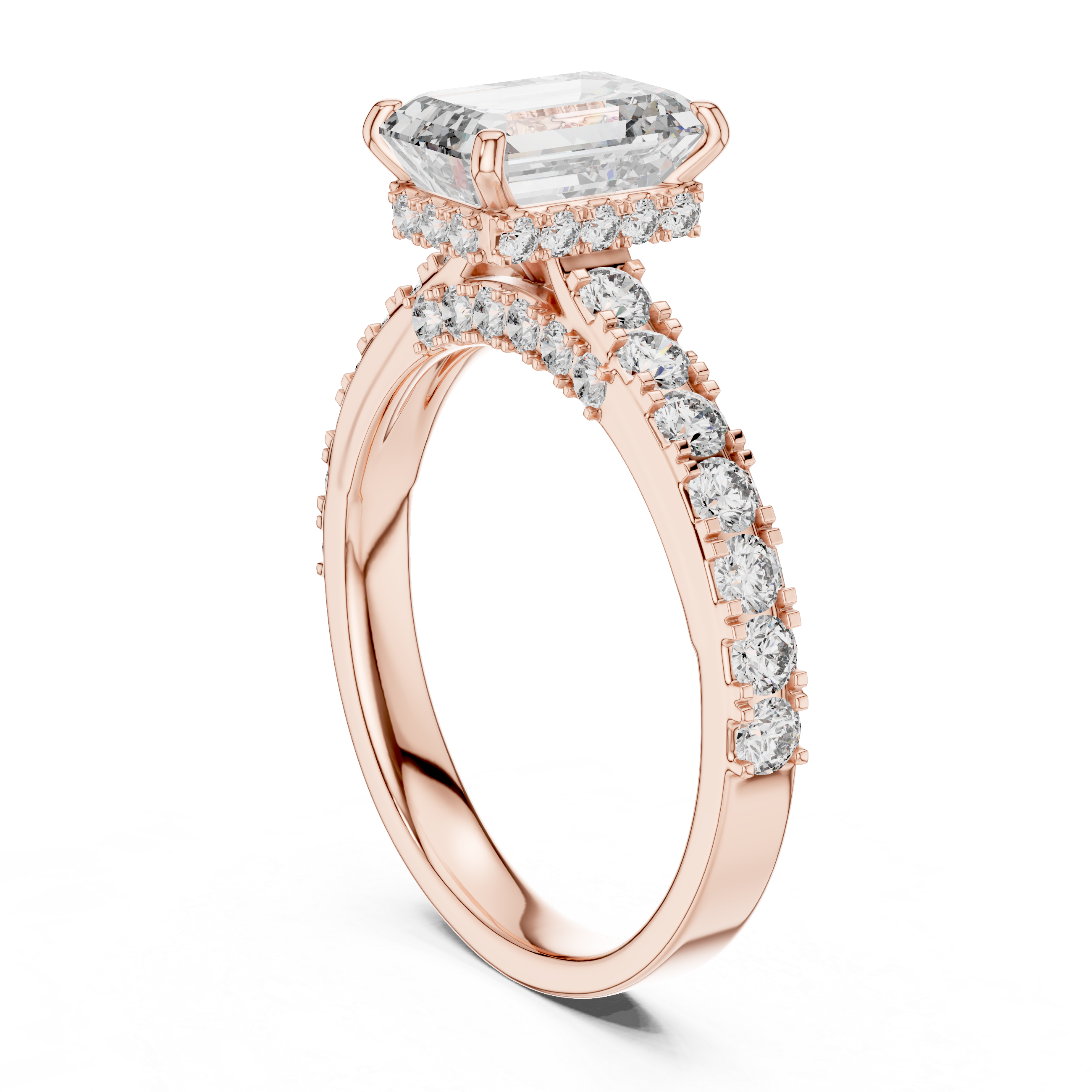 Rose gold ring with a large diamond and smaller diamonds on the band against a white background