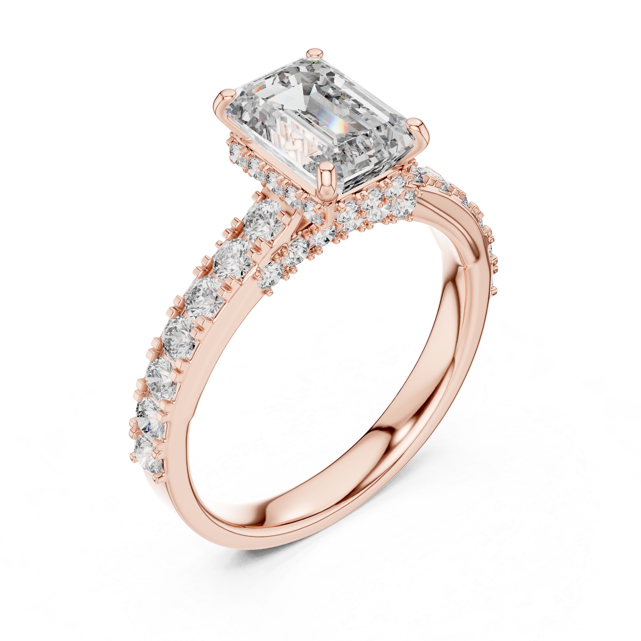 Rose gold ring with a large diamond and smaller diamonds on the band against a white background