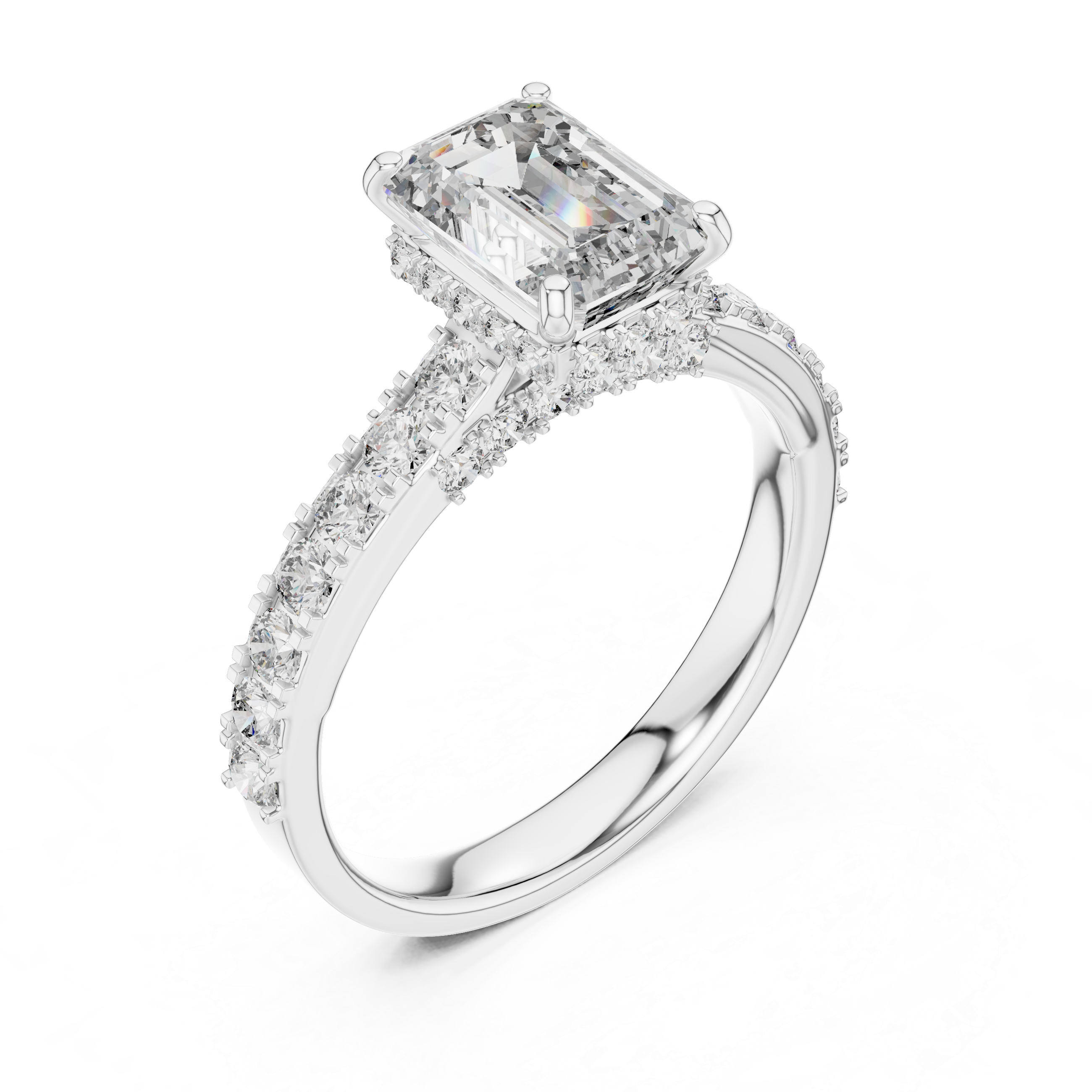 Diamond ring with a prominent central gemstone on a white background