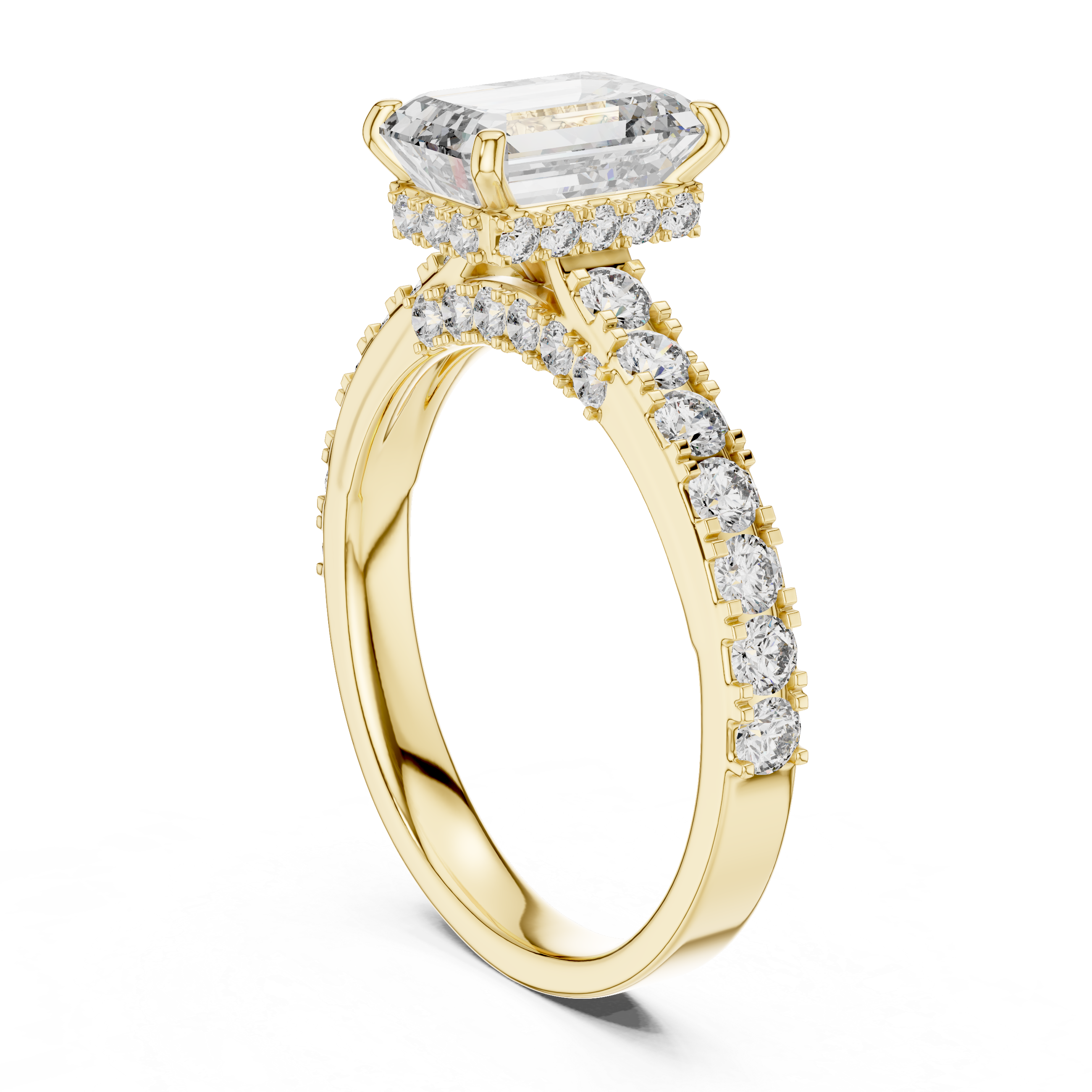 Gold ring with a large diamond and smaller diamonds on the band against a white background