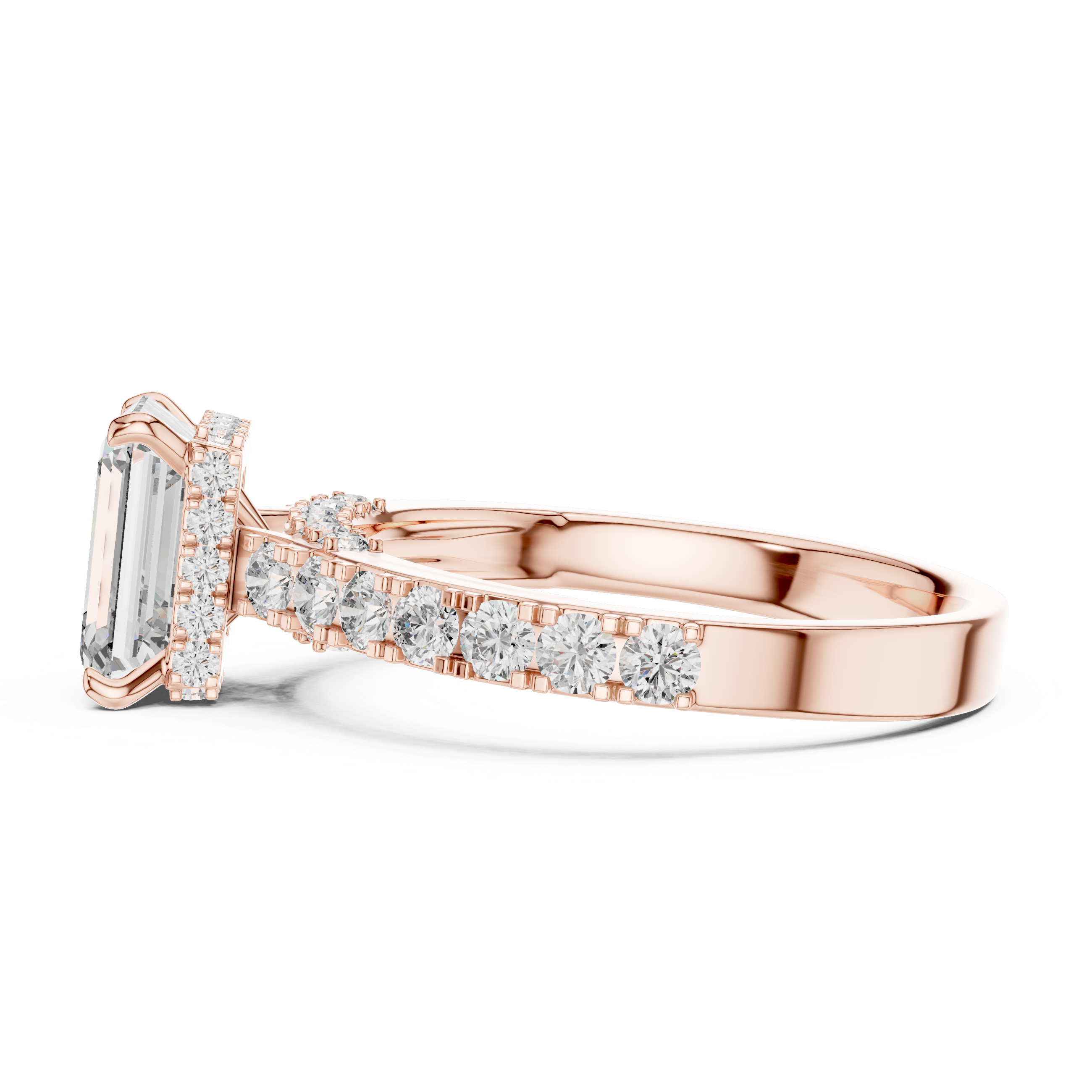Rose gold ring with emerald-cut diamond and smaller diamonds on a white background