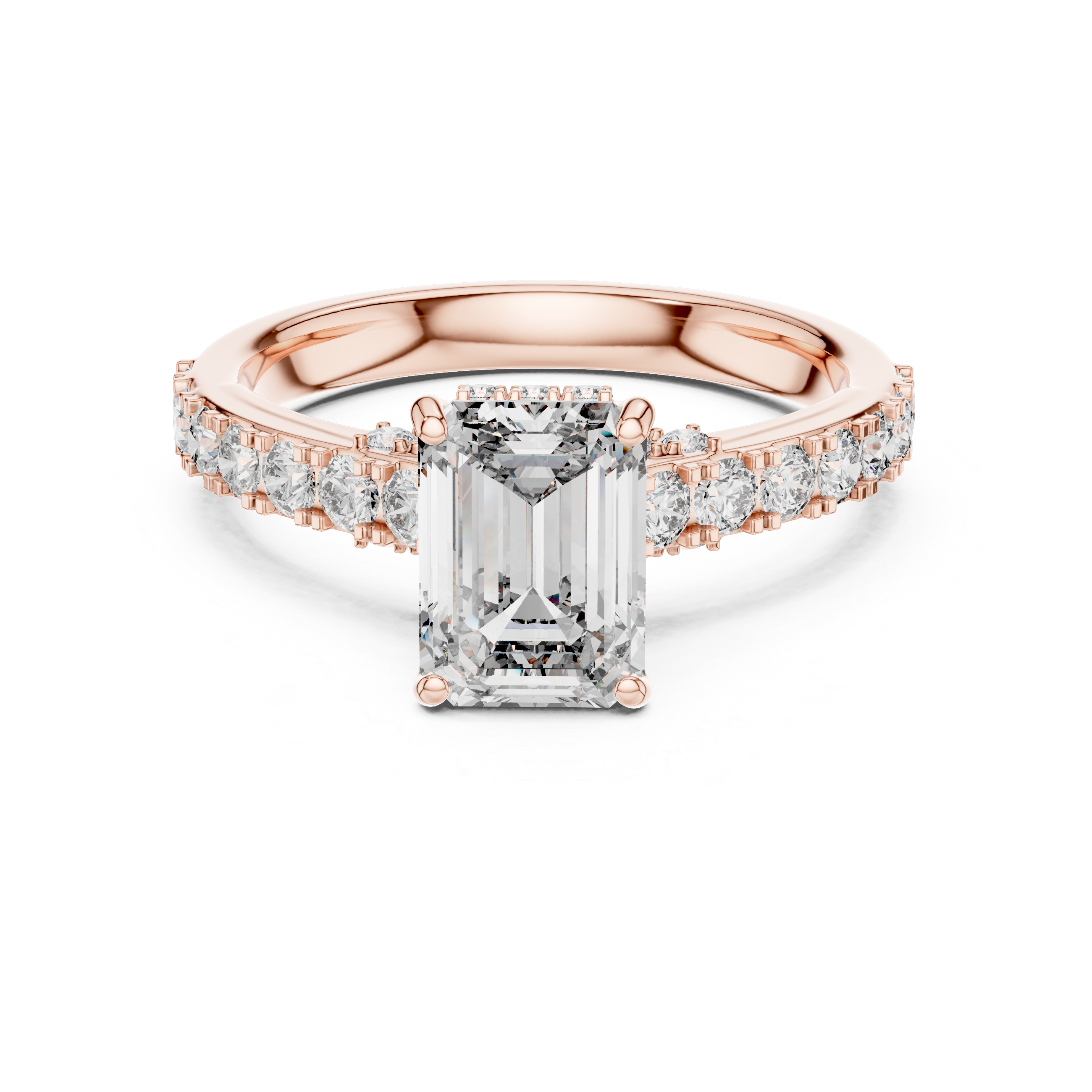 Rose gold ring with a large diamond and smaller diamonds on the band against a white background