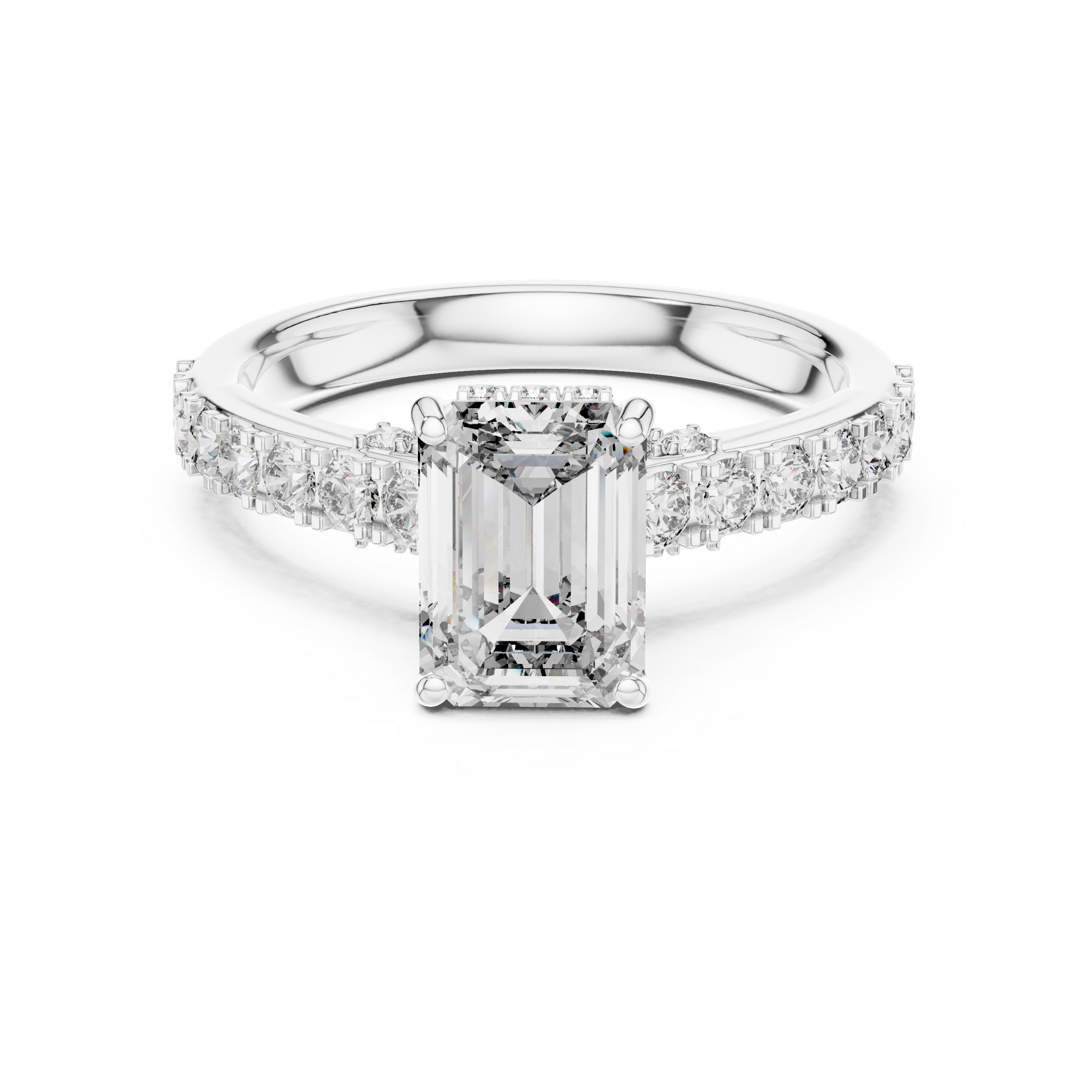 Diamond ring with a rectangular center stone on a white background