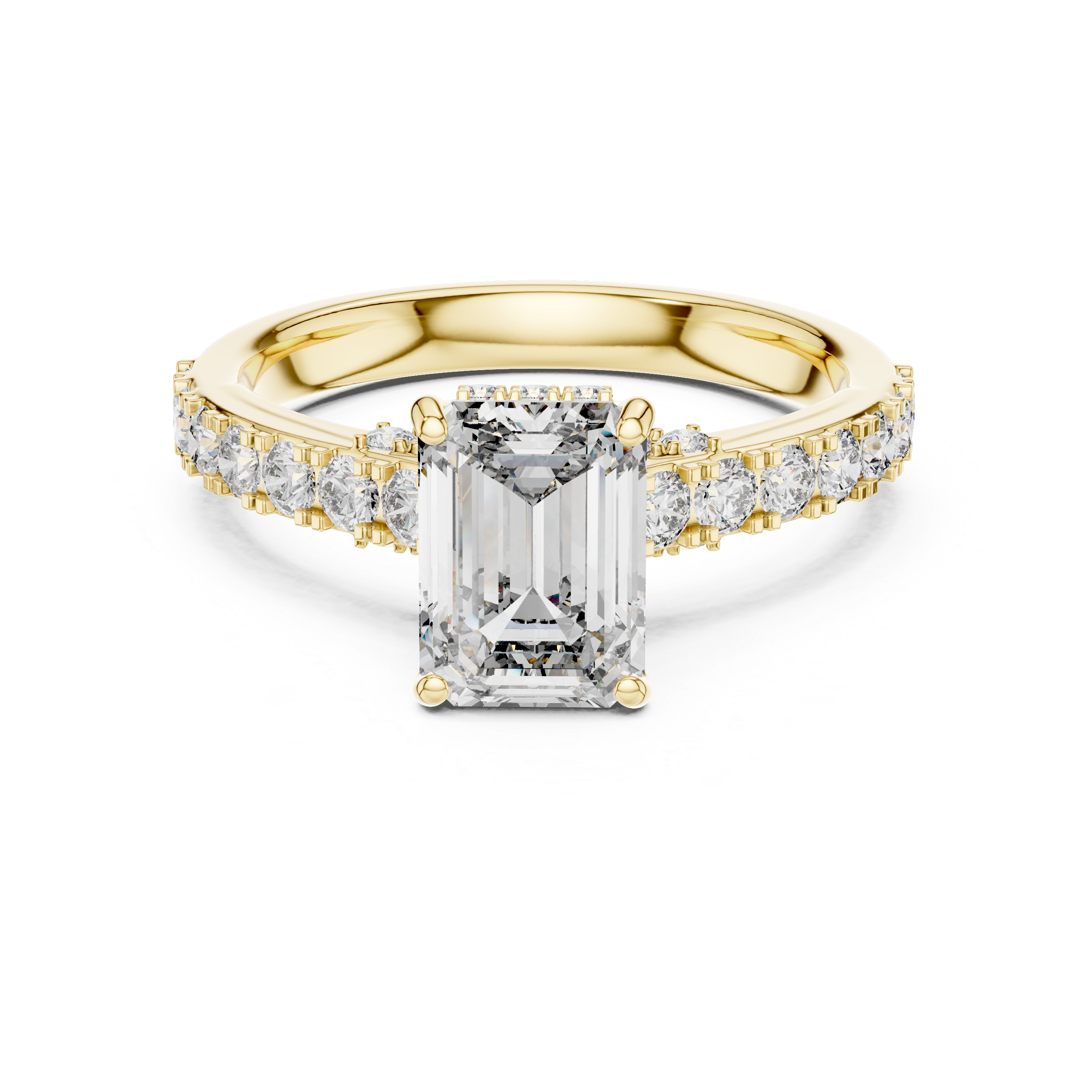 Gold ring with a large diamond and smaller diamonds on the band against a white background