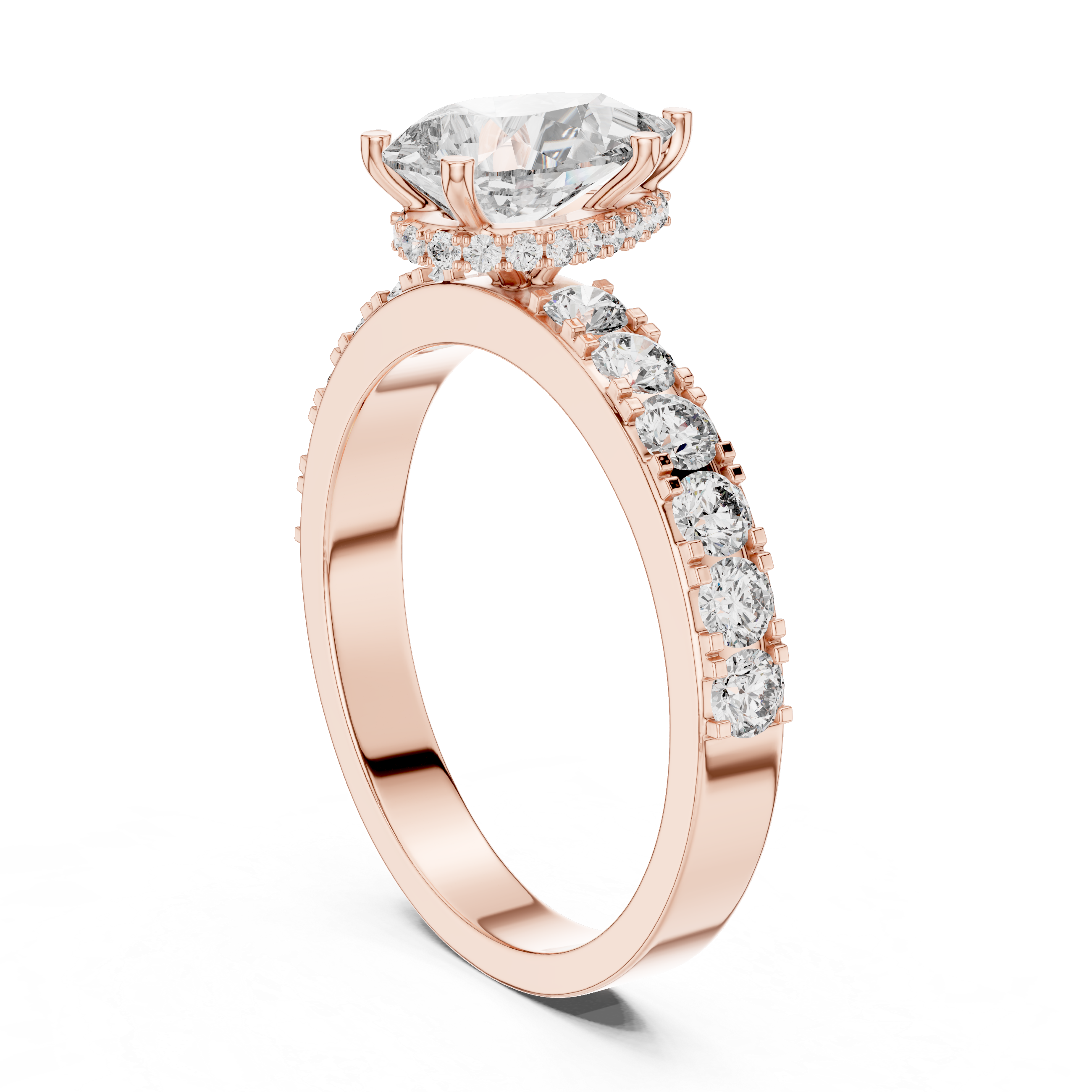 Rose gold ring with a diamond on a white background