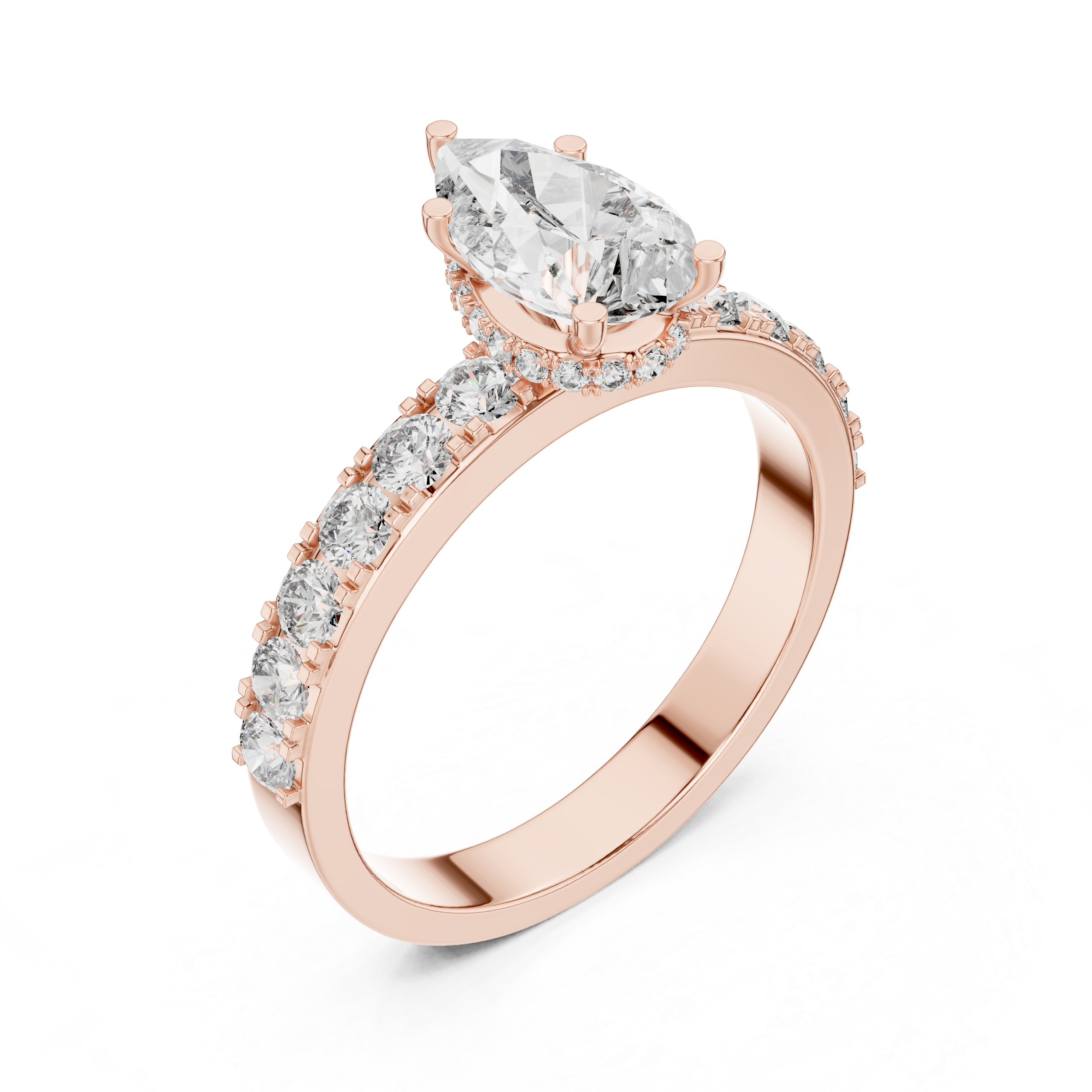 Rose gold ring with a pear-shaped diamond and smaller diamonds on a white background