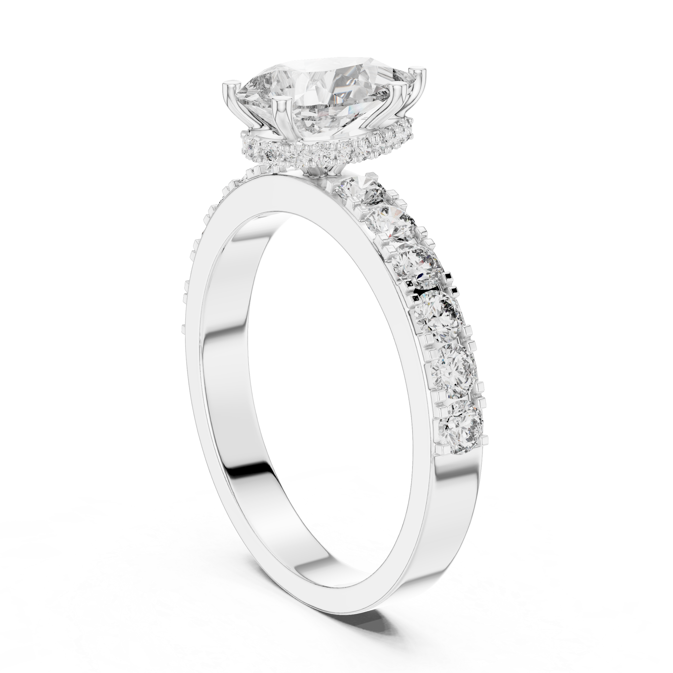Diamond ring with a white gold band on a white background