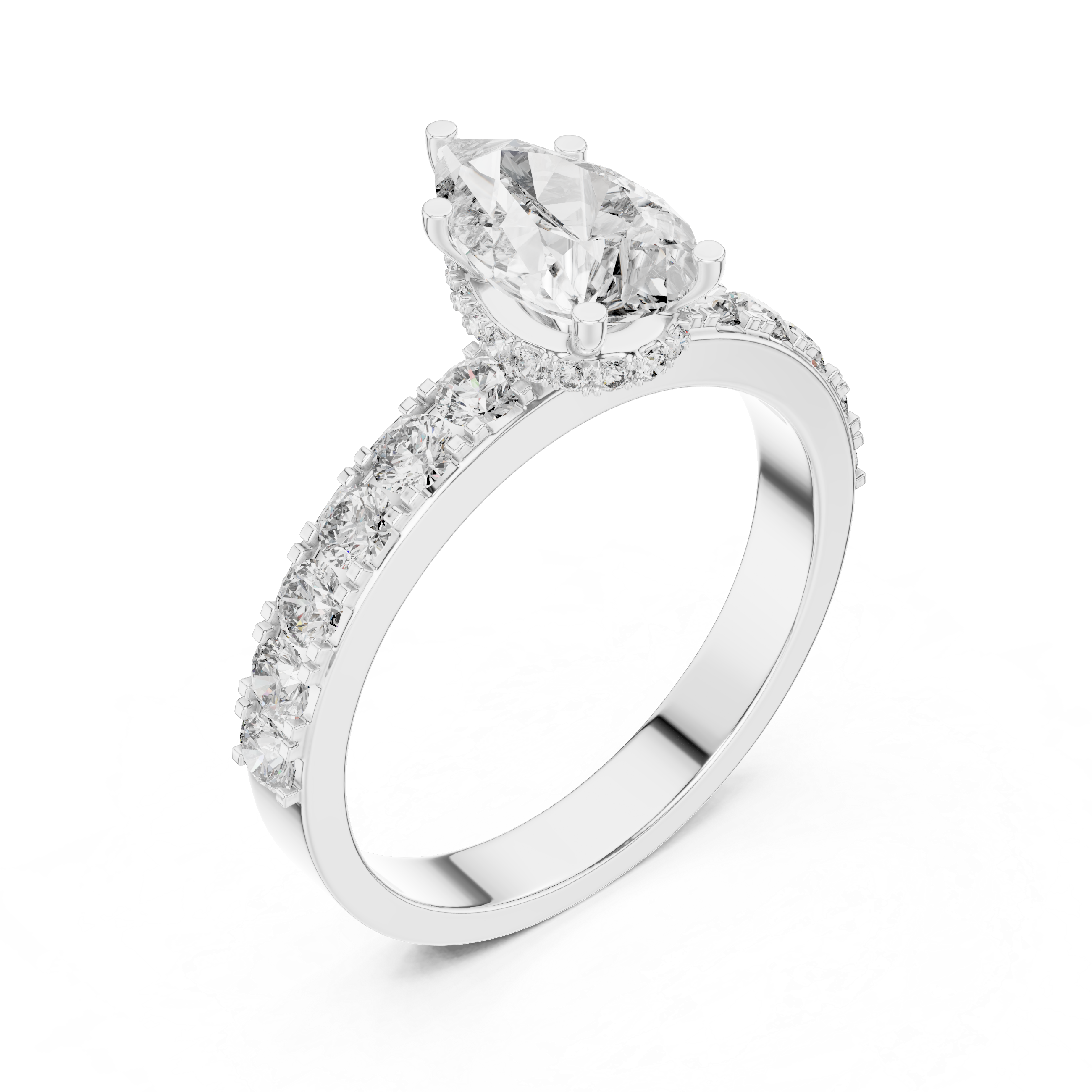 Diamond ring with a pear-shaped center stone on a white background