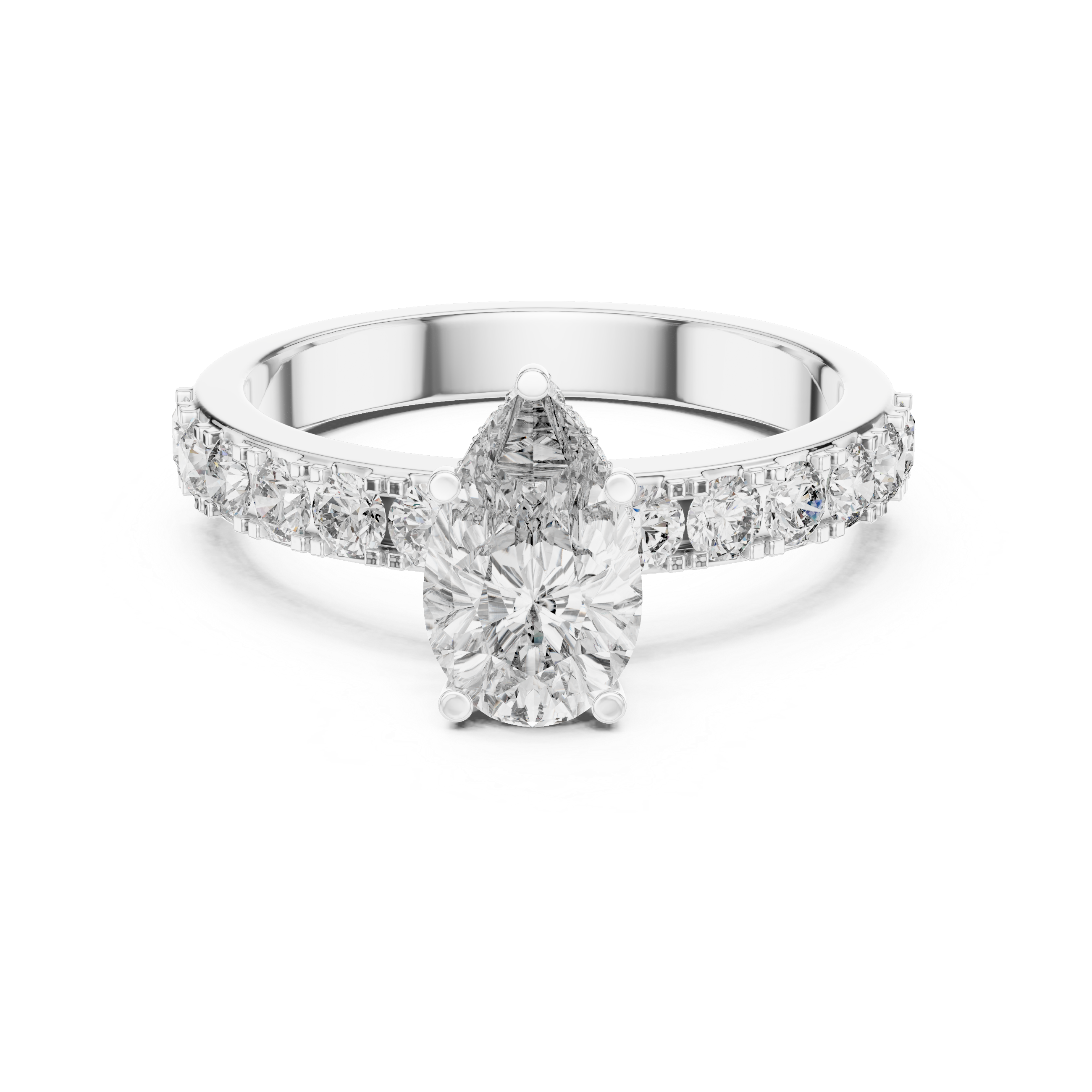 Diamond ring with a pear-shaped center stone on a white background