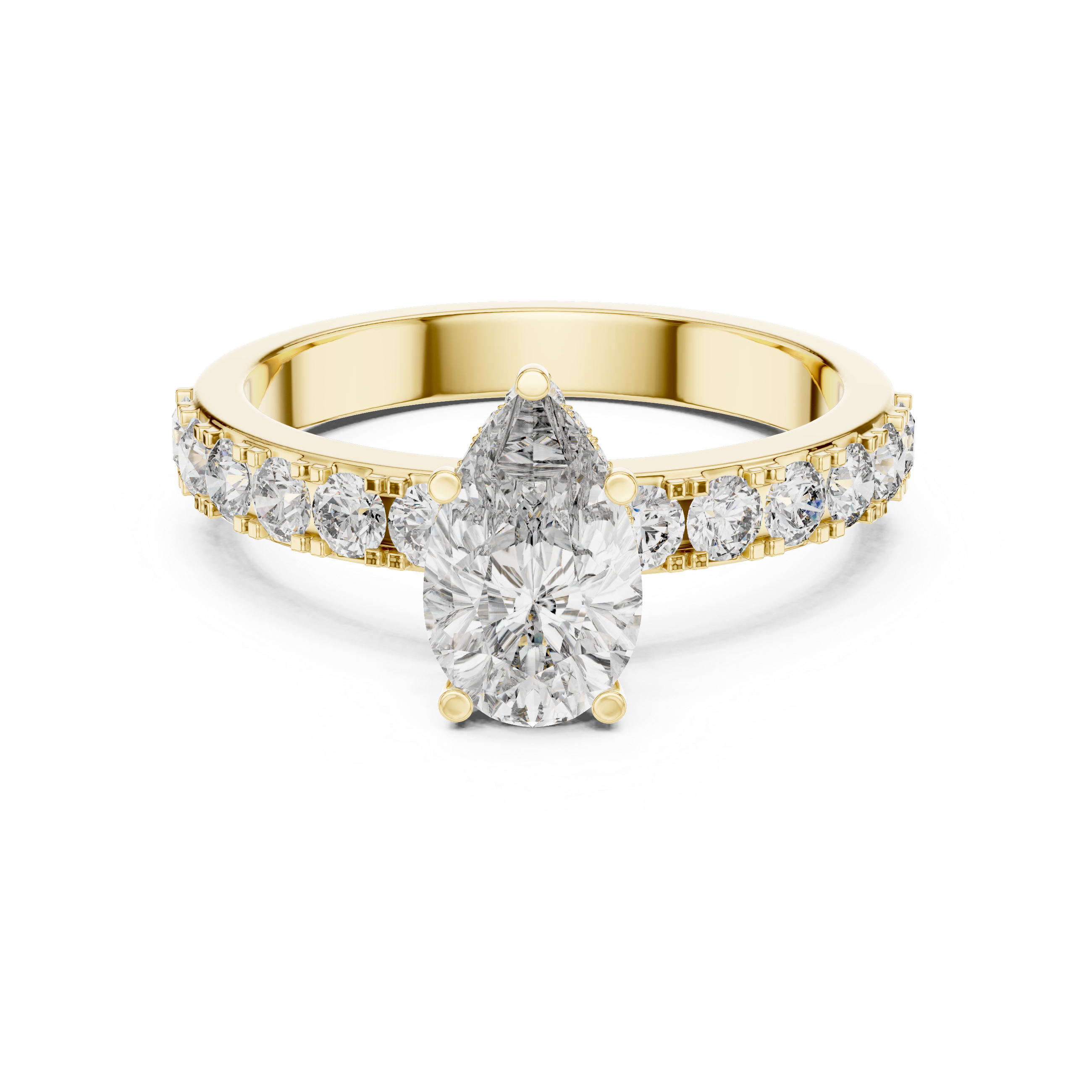 Gold ring with a pear-shaped diamond and smaller diamonds on a white background