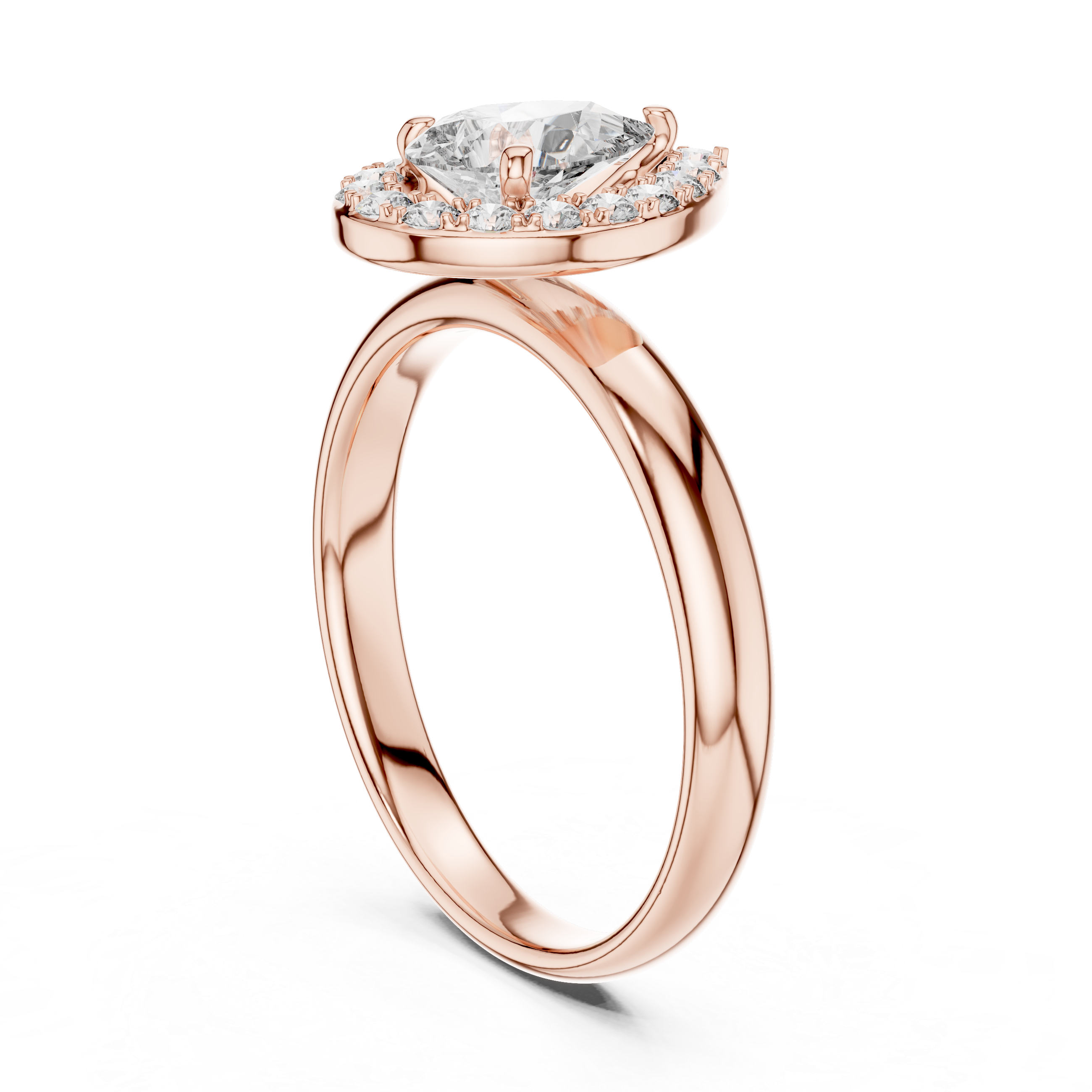 Rose gold ring with a diamond on a white background