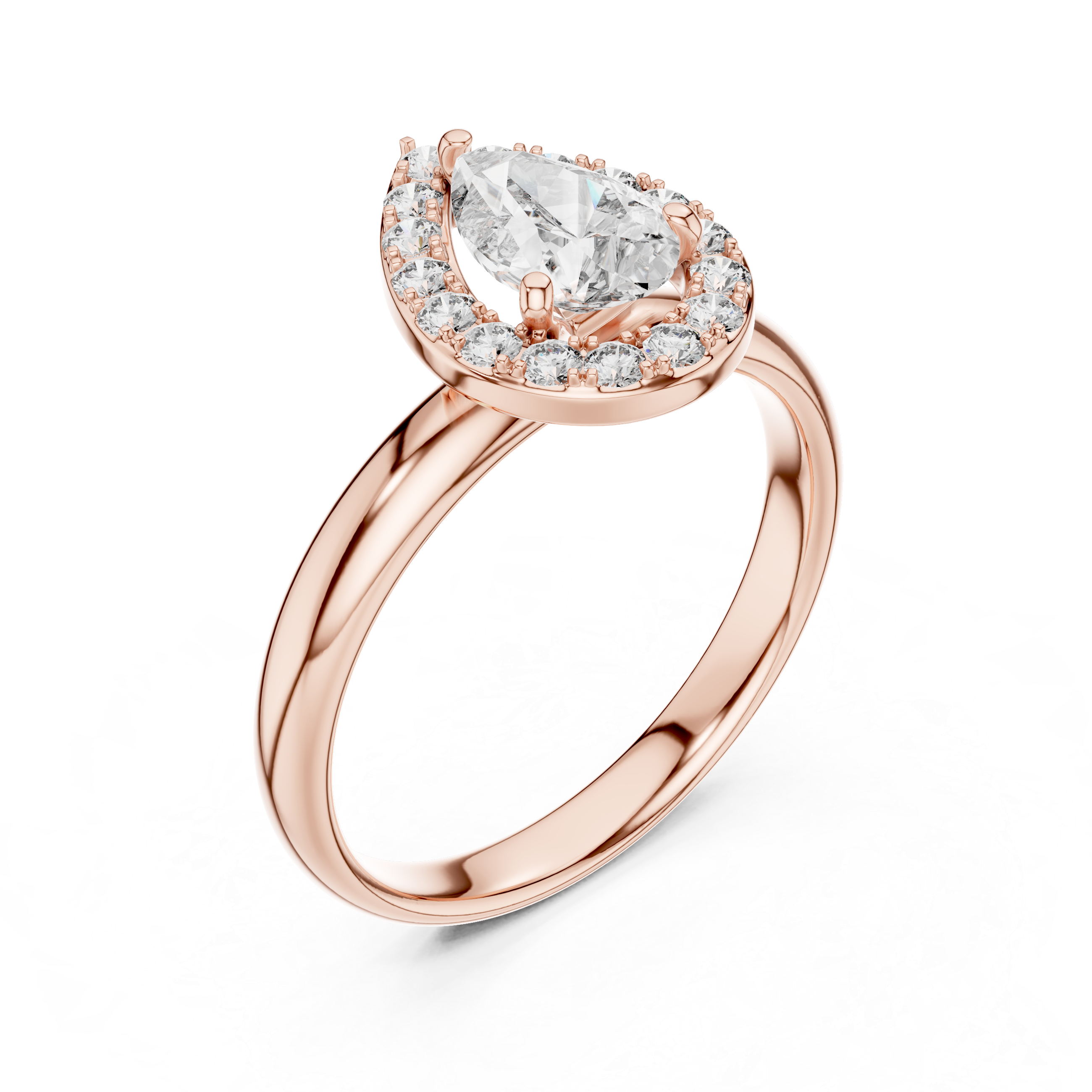 Rose gold ring with a pear-shaped diamond on a white background