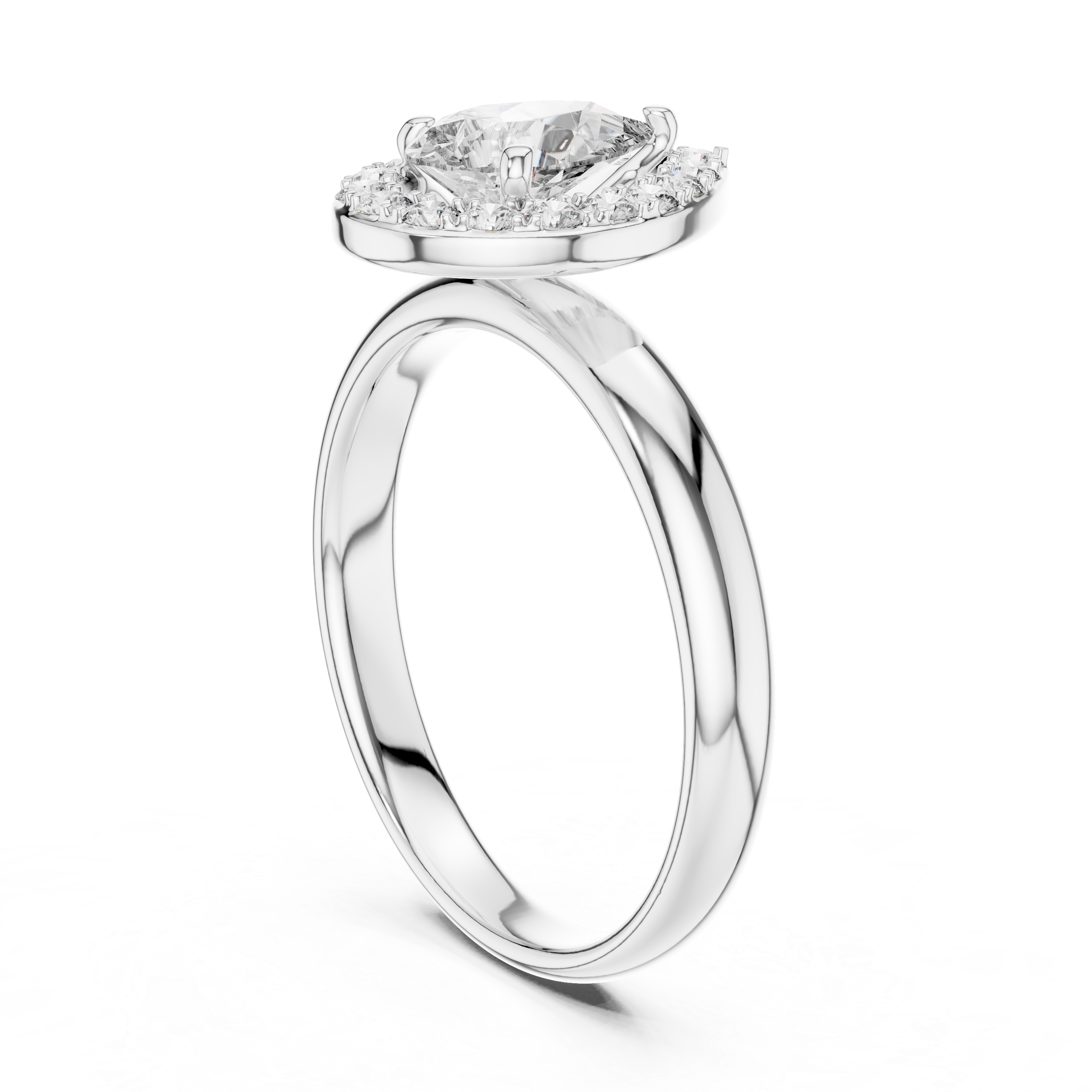 Diamond ring with a white gold band on a white background