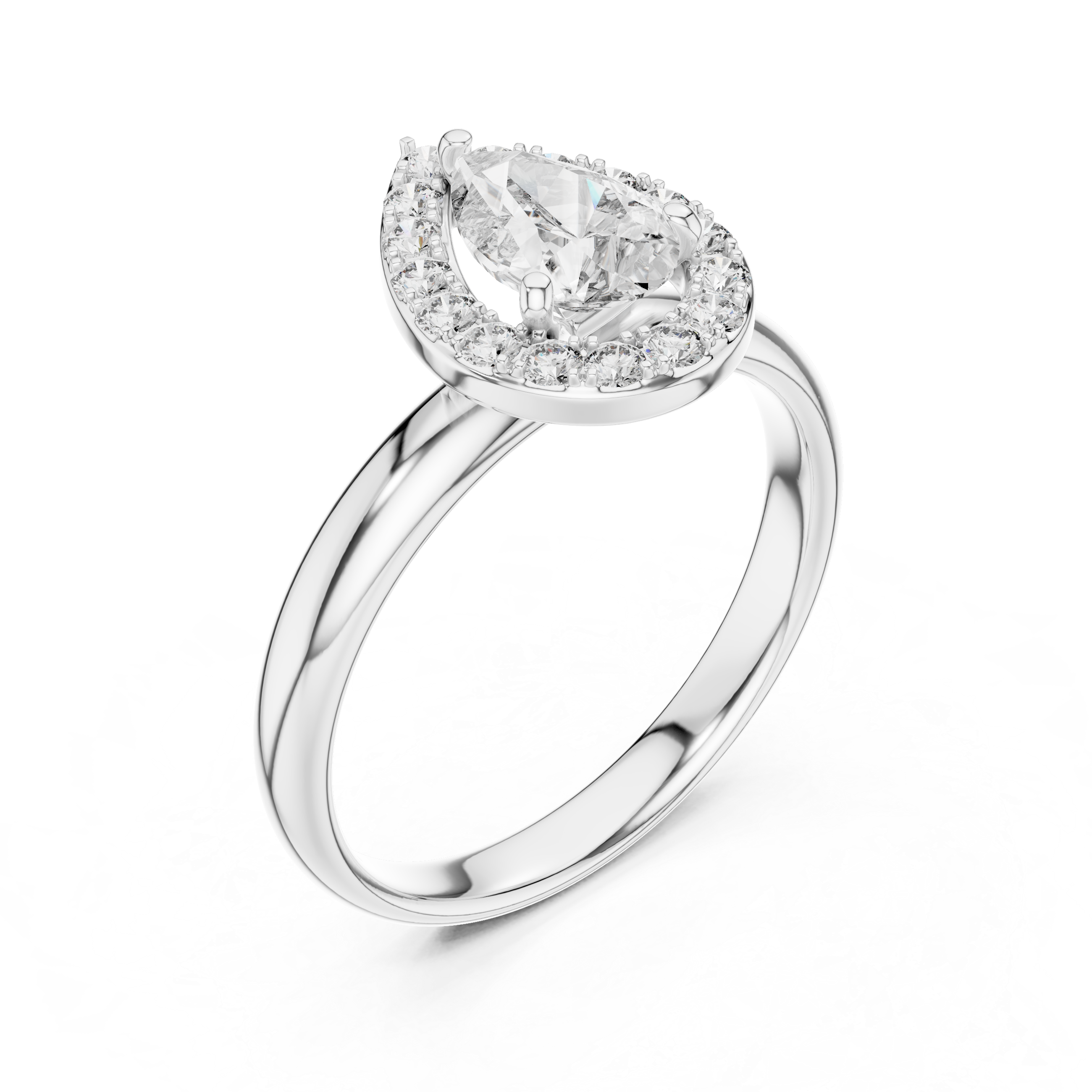 Diamond ring with a pear-shaped center stone on a white background
