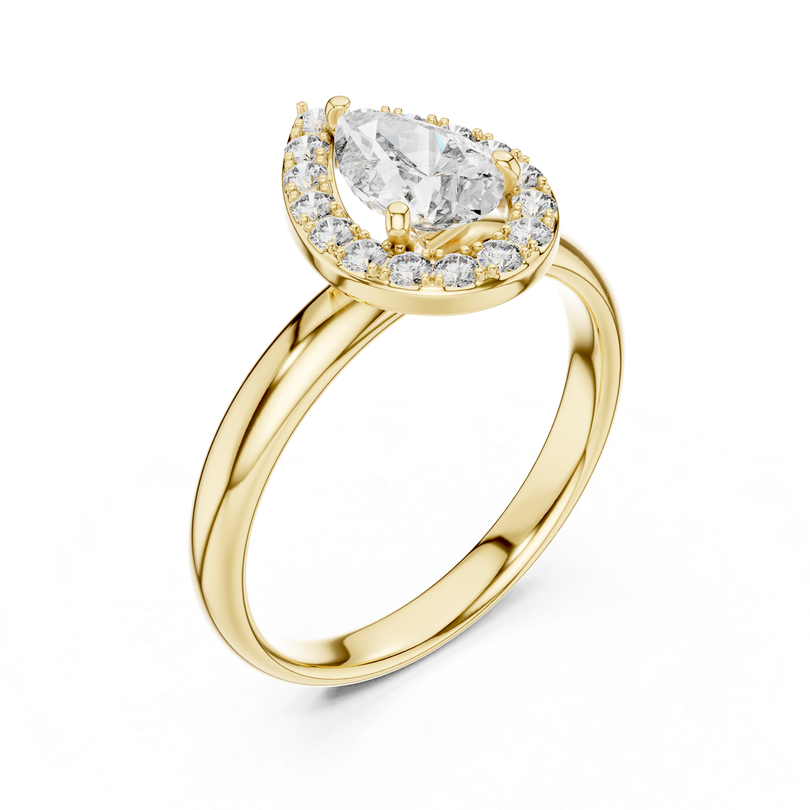 Gold ring with a large diamond and smaller diamonds on a white background