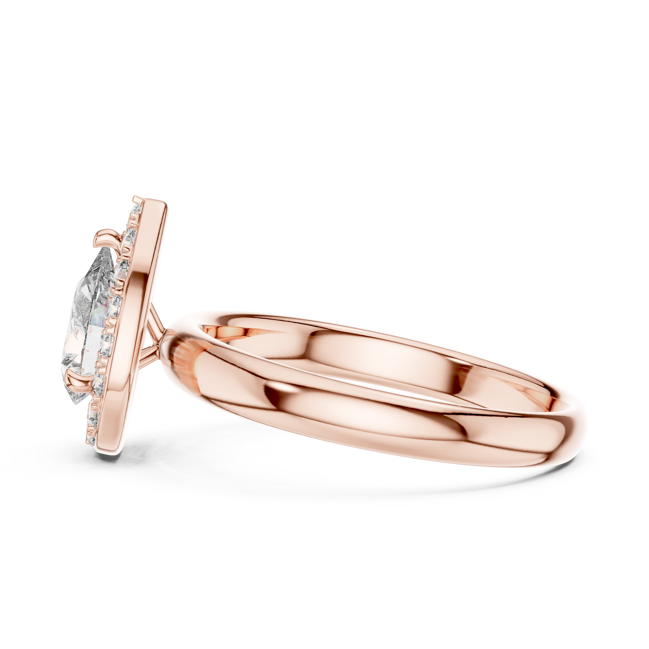 Rose gold ring with a diamond on a white background