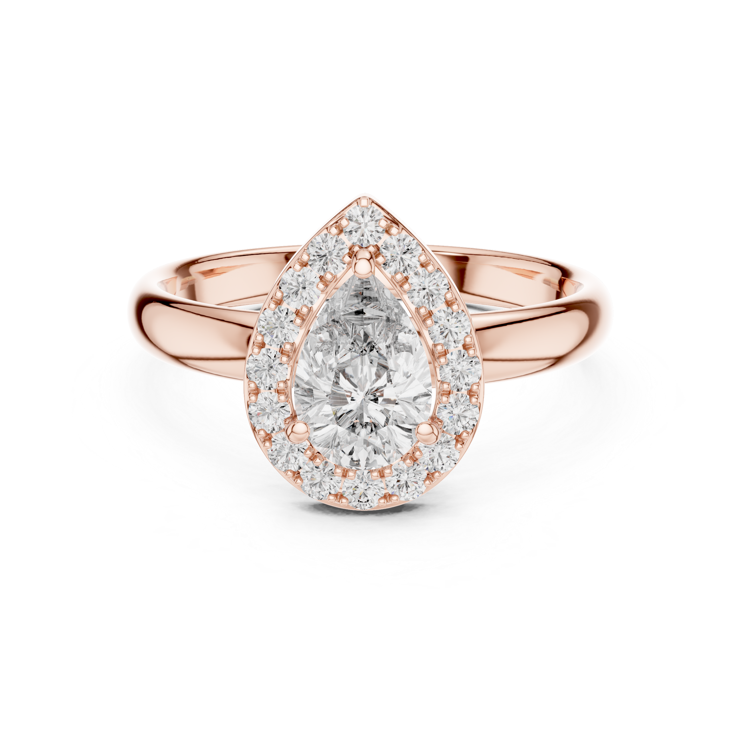 Rose gold ring with a pear-shaped diamond on a white background