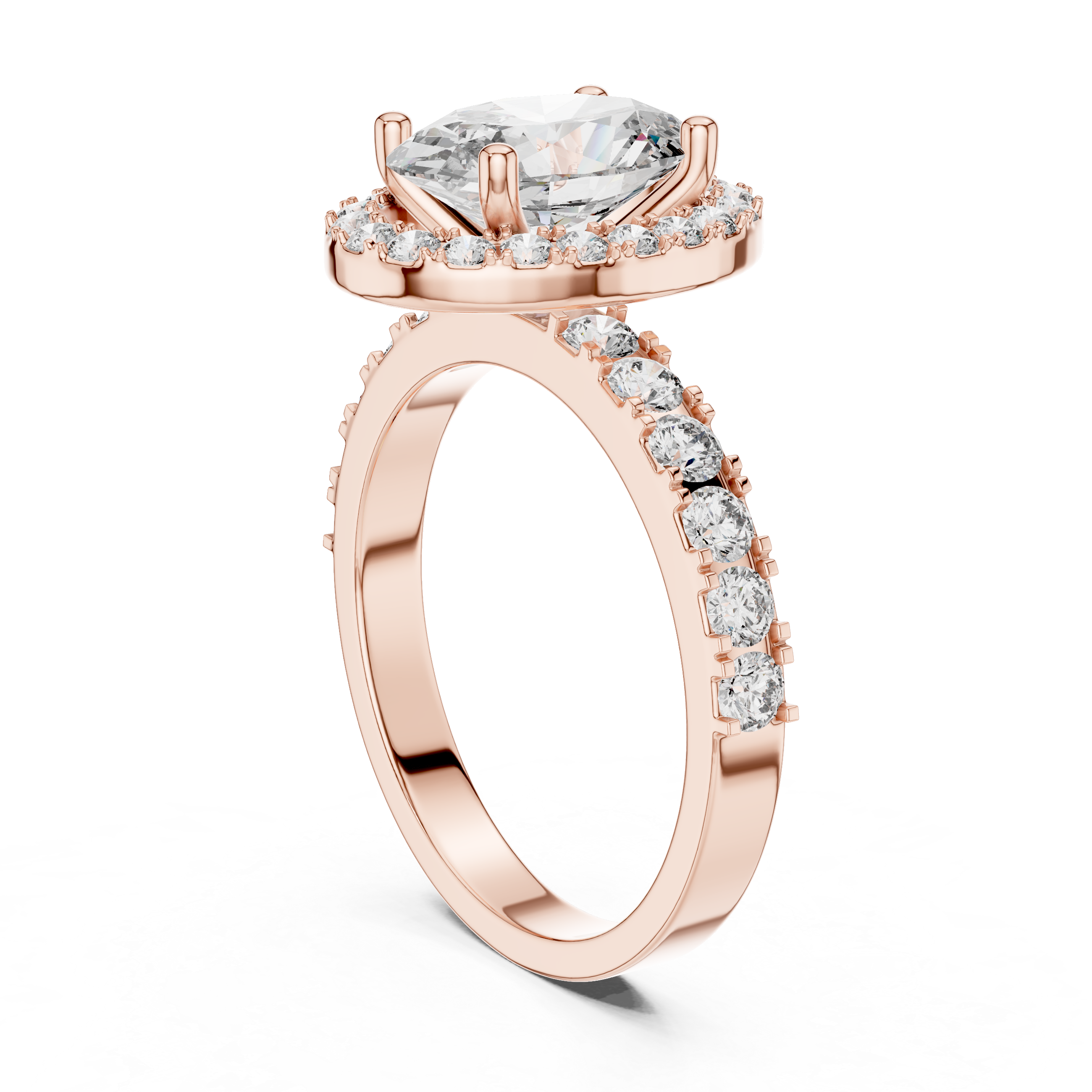 Rose gold ring with a large central gemstone and smaller stones on the band against a white background