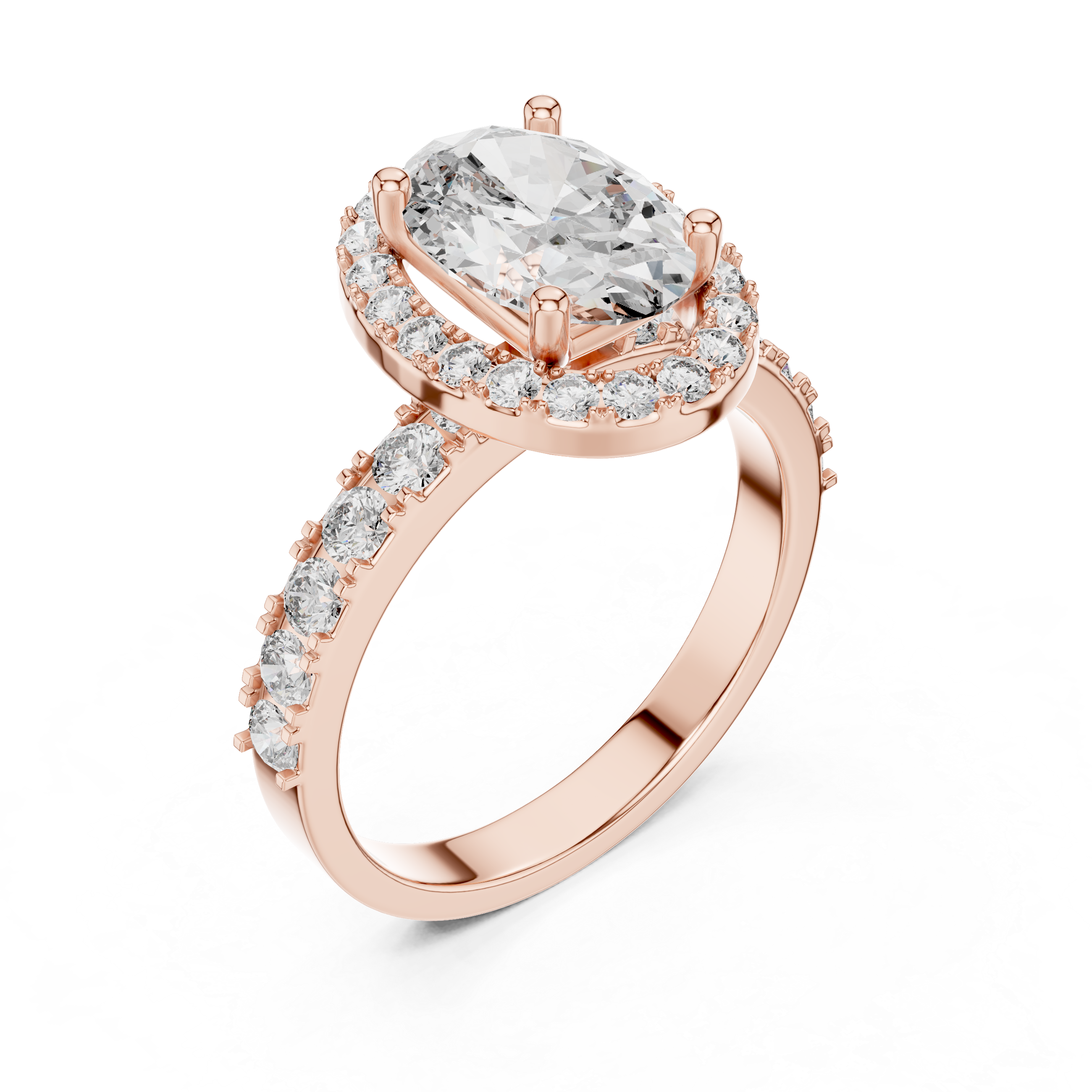 Rose gold ring with a large central diamond and smaller diamonds around on a white background