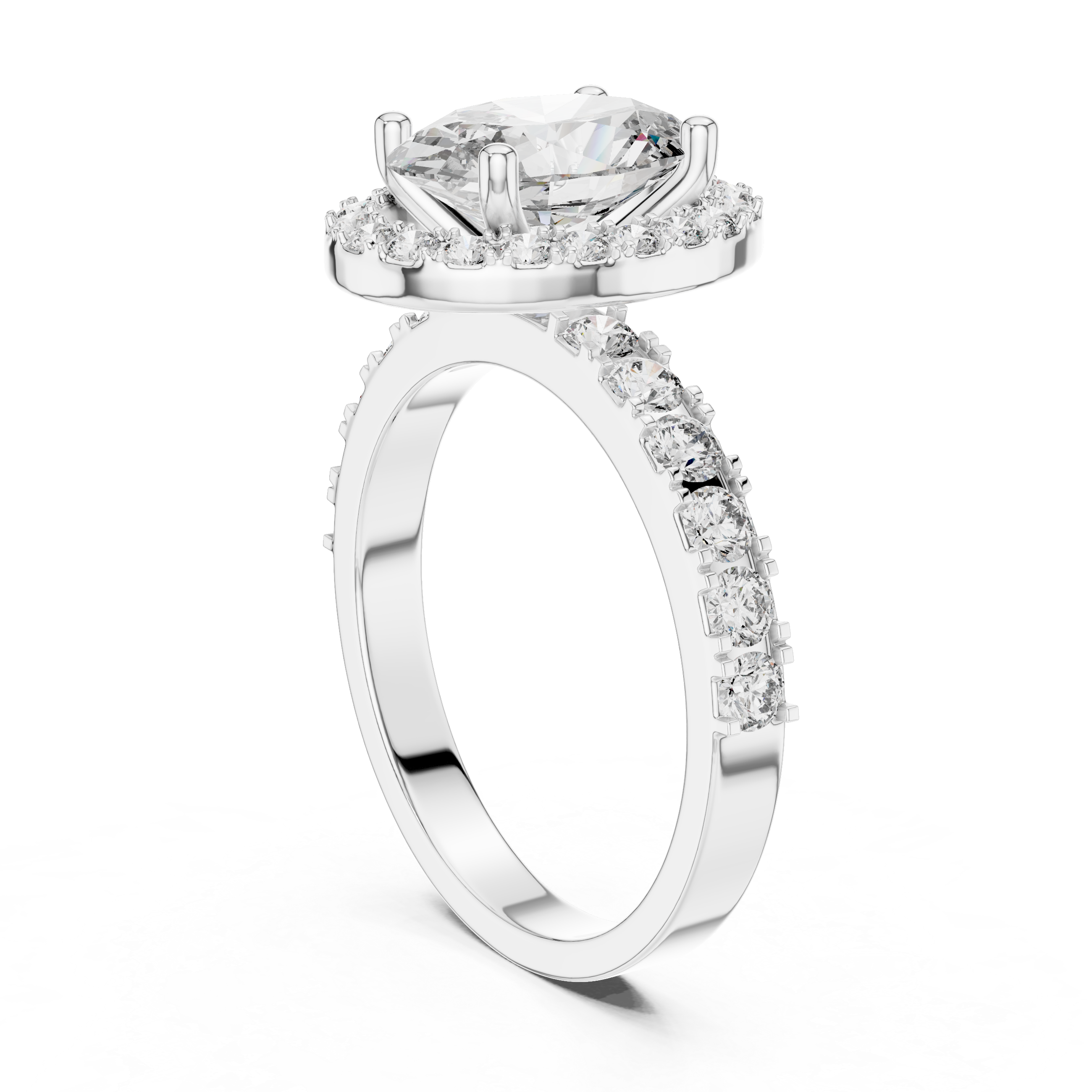 Diamond ring with a prominent central stone and smaller stones around on a white background