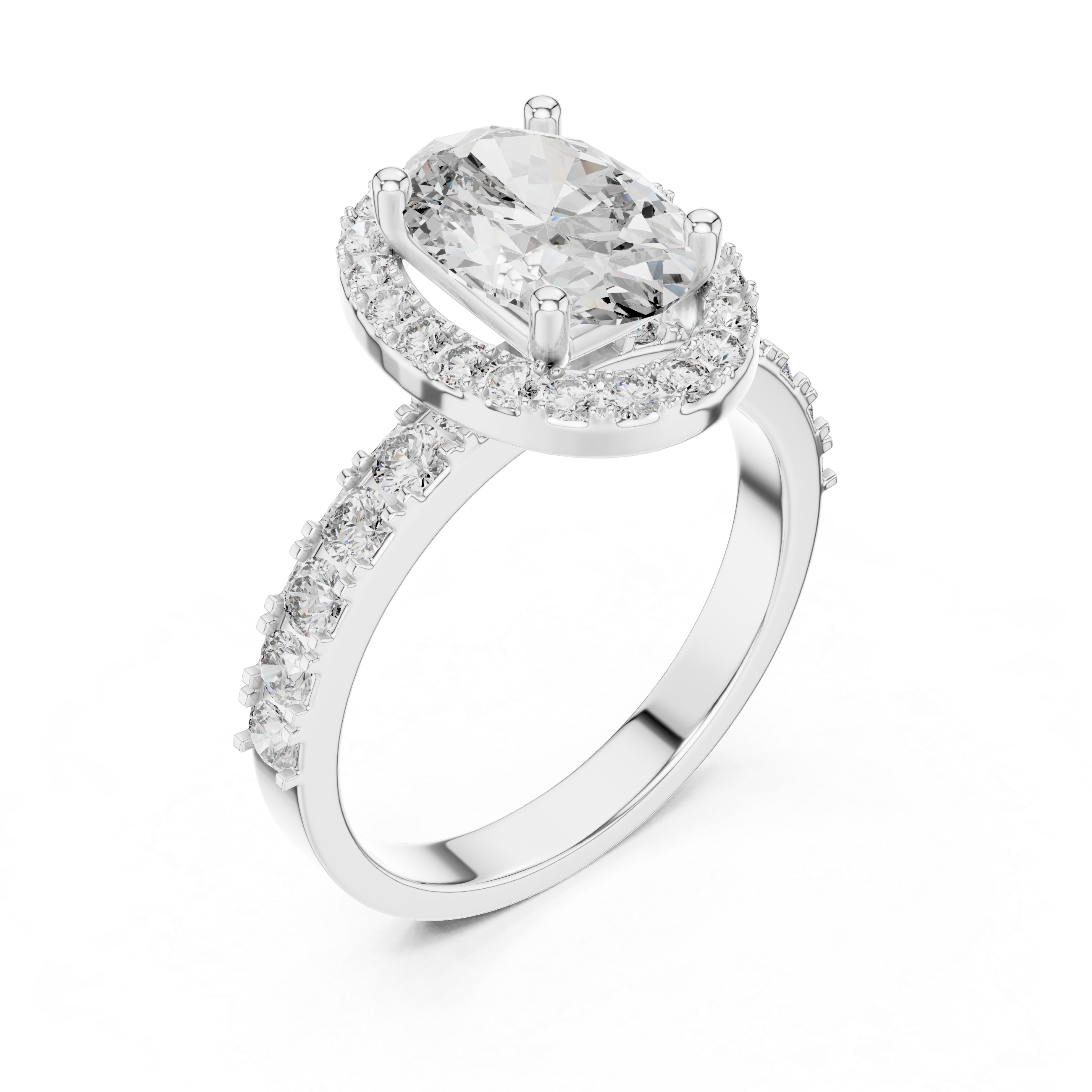 Diamond ring with a central gemstone and halo on a white background