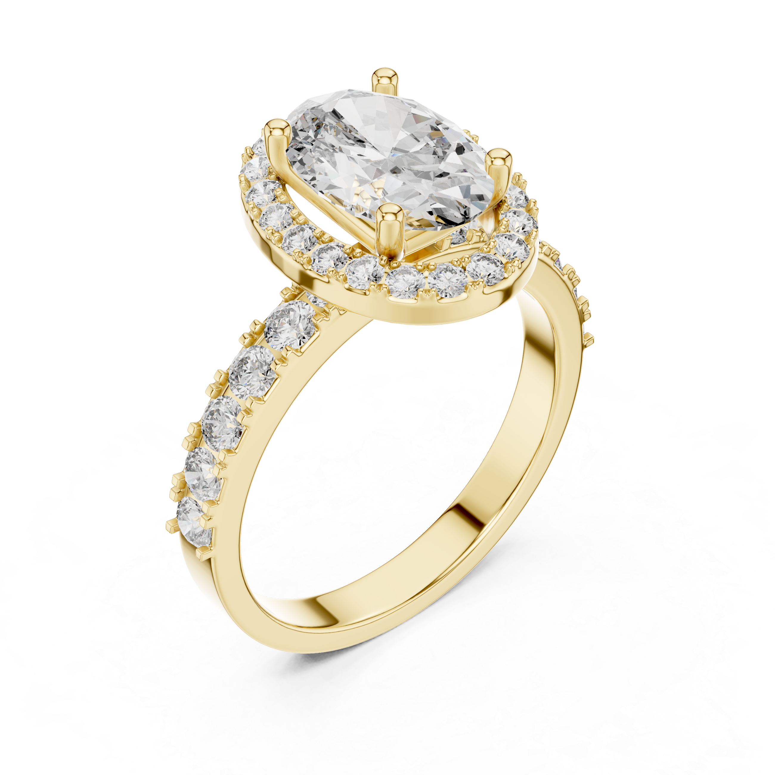 Gold ring with a large central diamond and smaller diamonds around on a white background