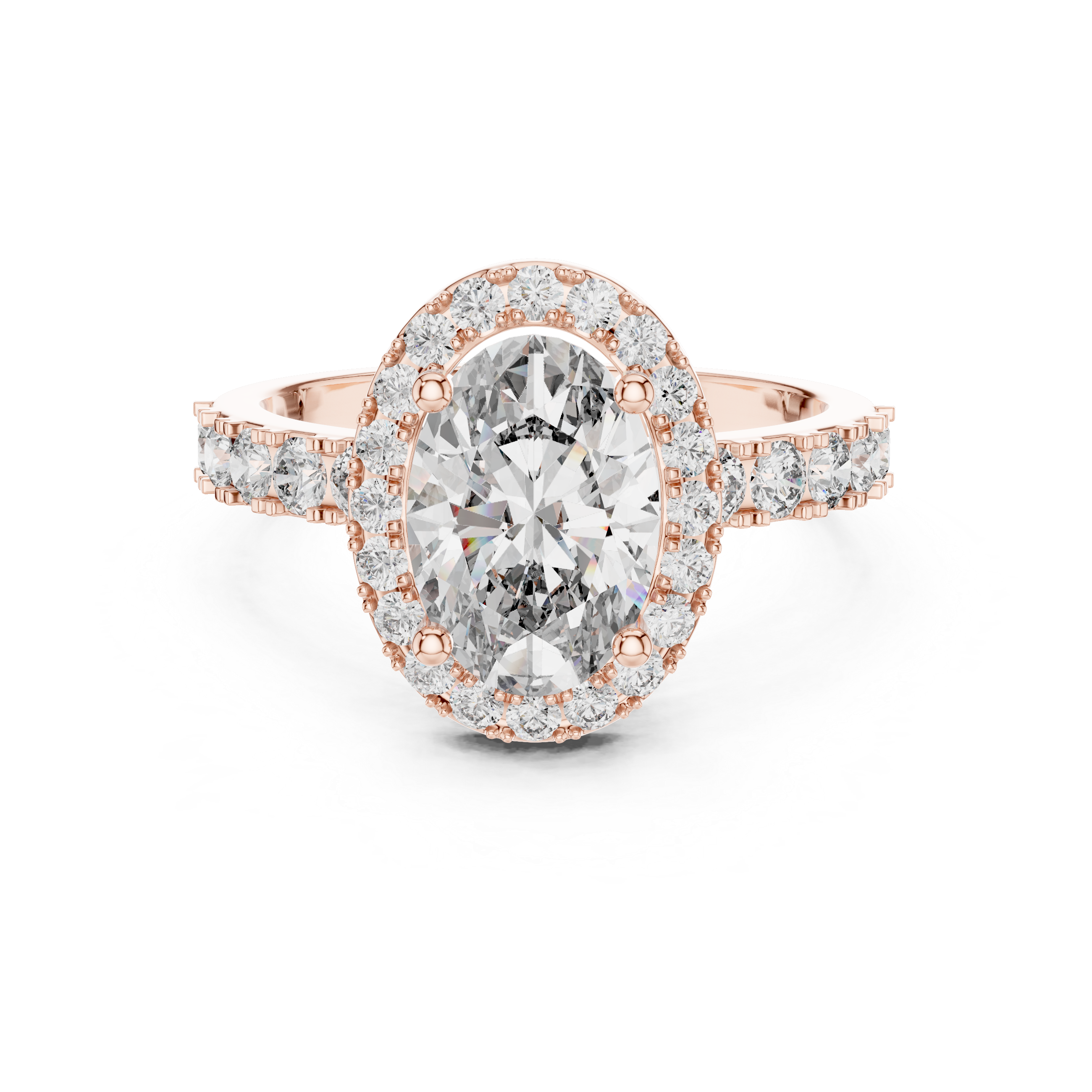 Rose gold ring with a large diamond and smaller diamonds on a white background