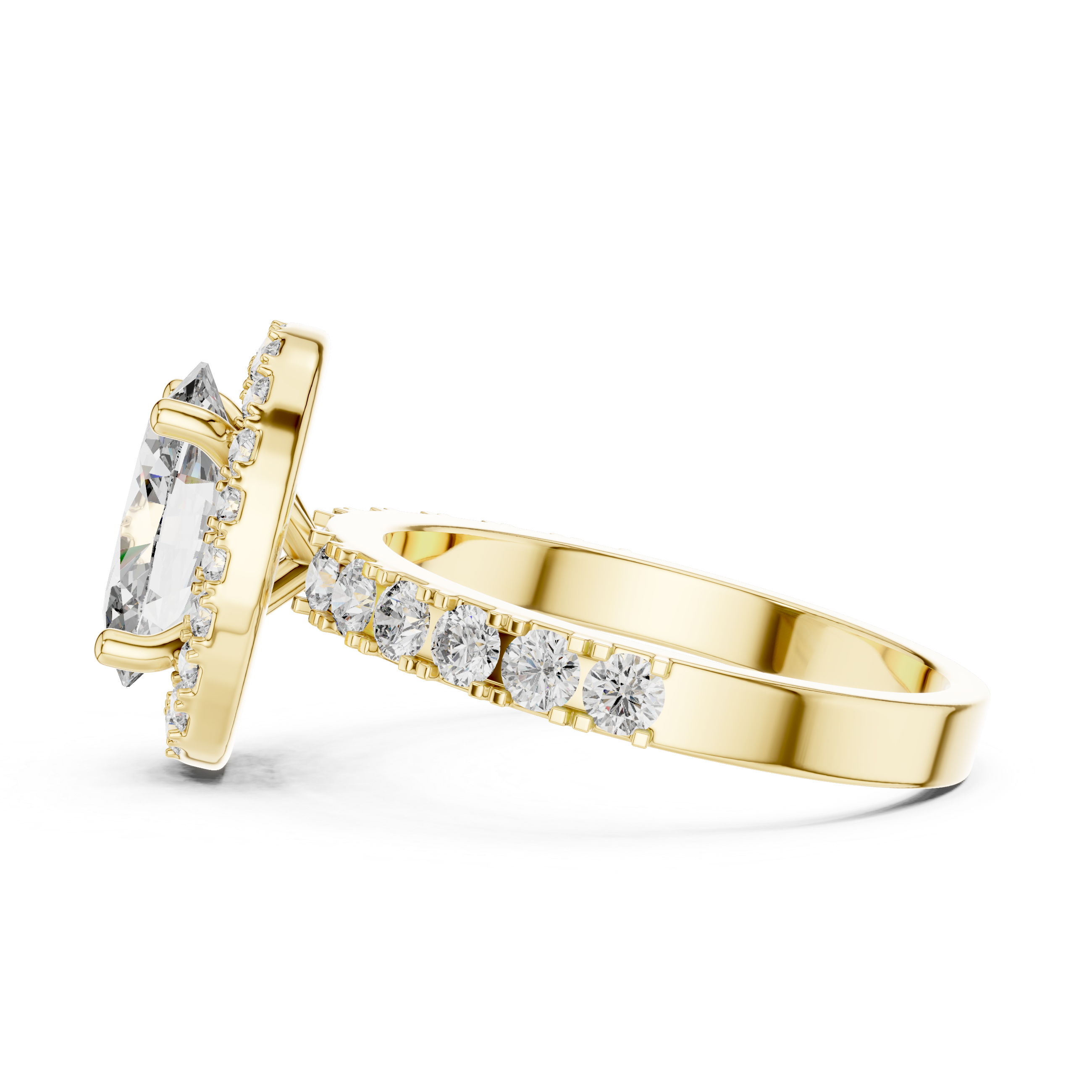 Gold ring with a large diamond and smaller diamonds on a white background