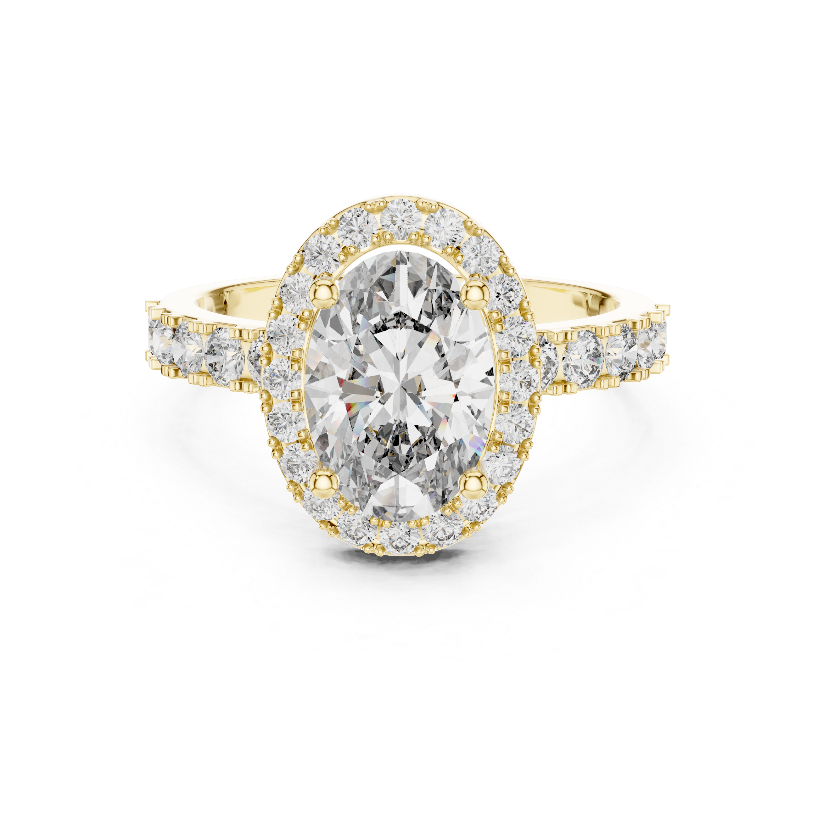 Gold ring with a large diamond and smaller diamonds on a white background