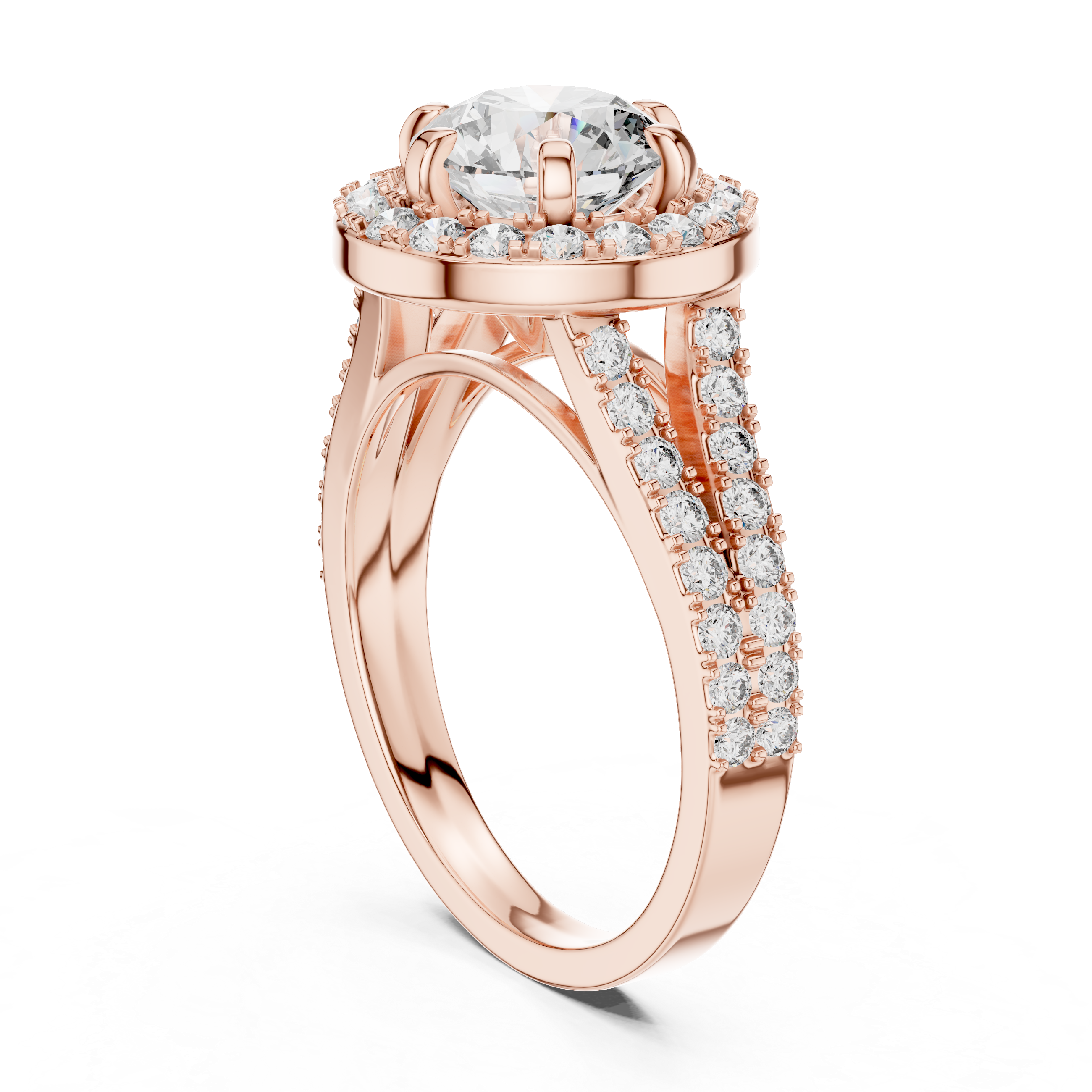 Rose gold ring with a large central diamond and smaller diamonds on the band against a white background