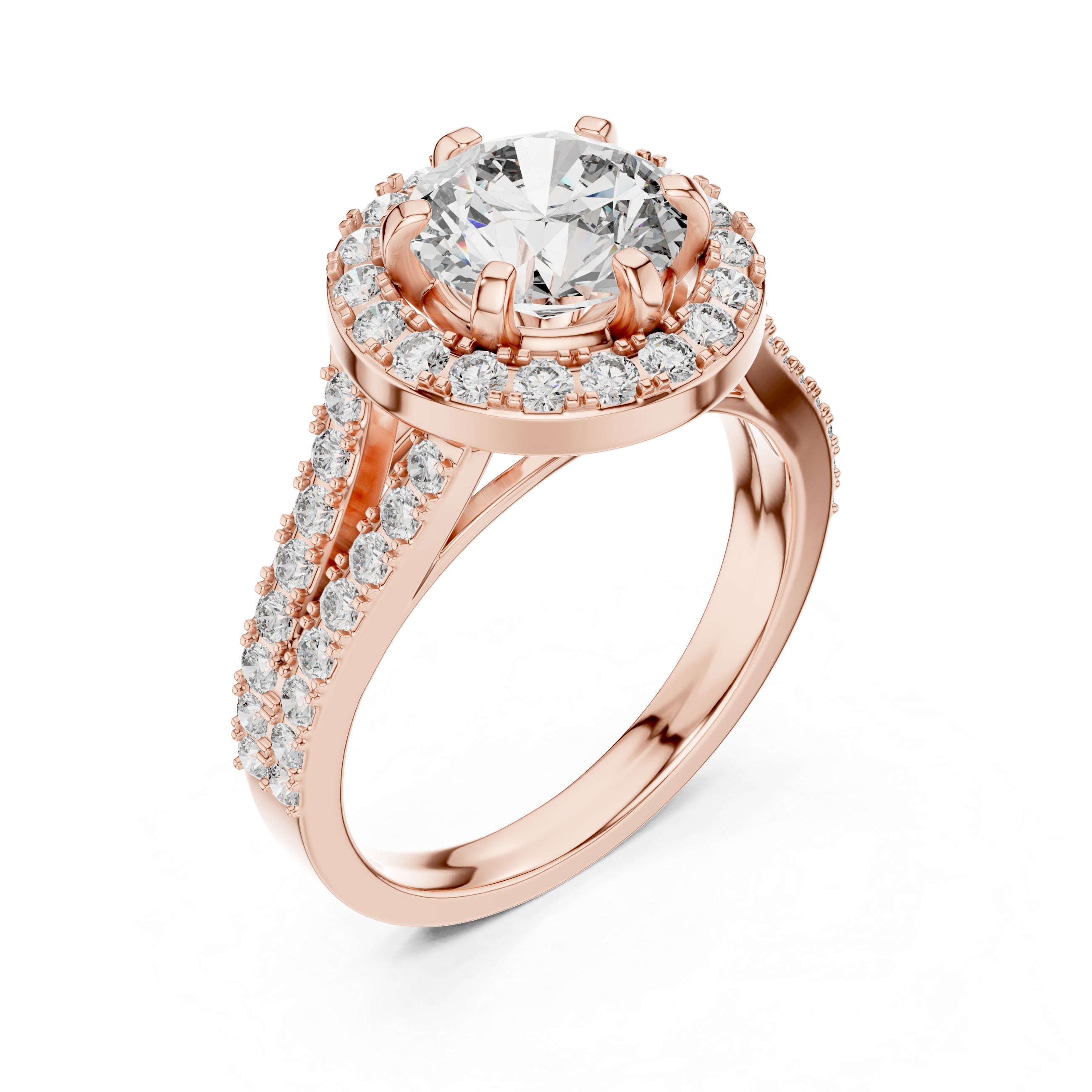 Rose gold ring with a large diamond and smaller diamonds on a white background