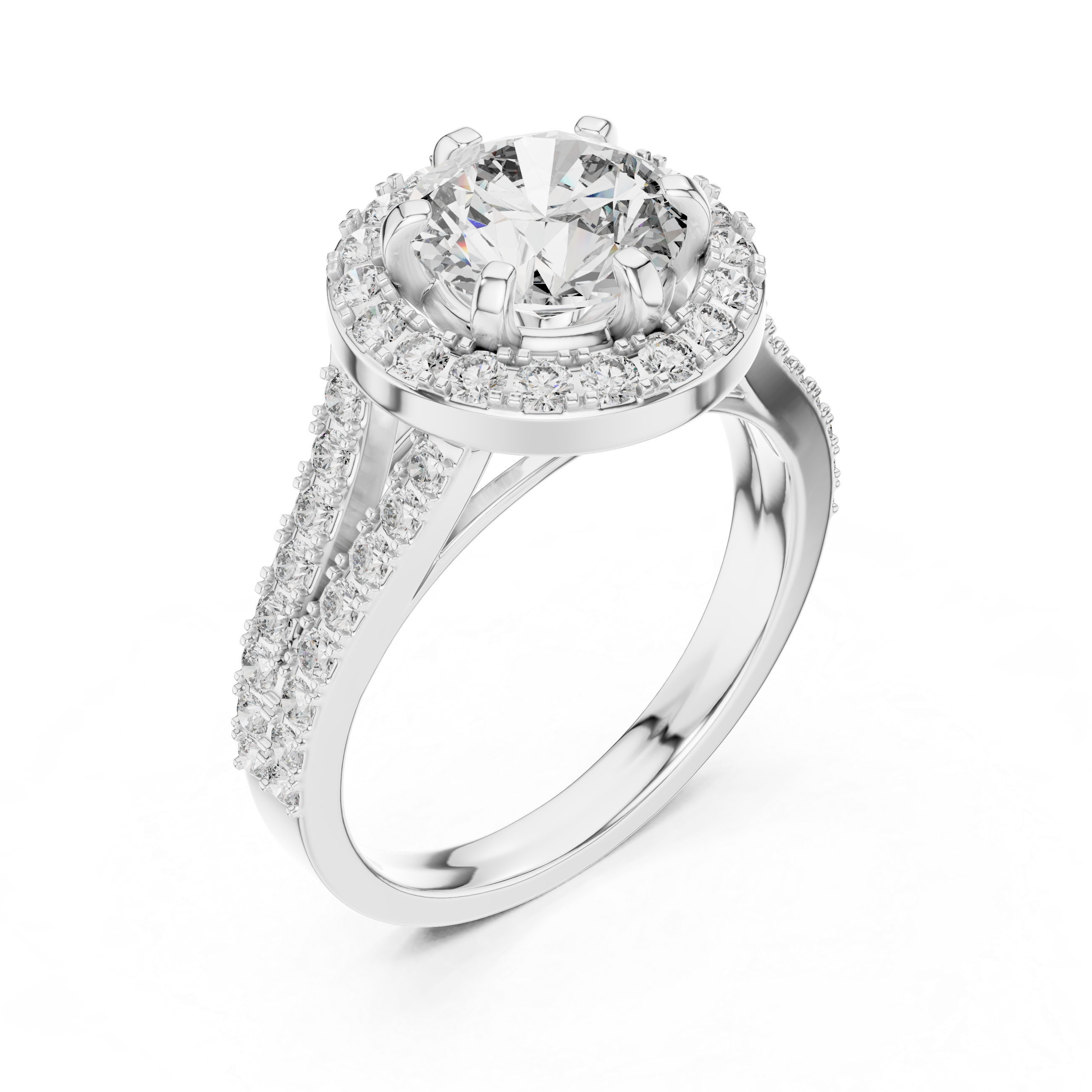 Silver ring with a large central diamond and smaller diamonds around on a white background
