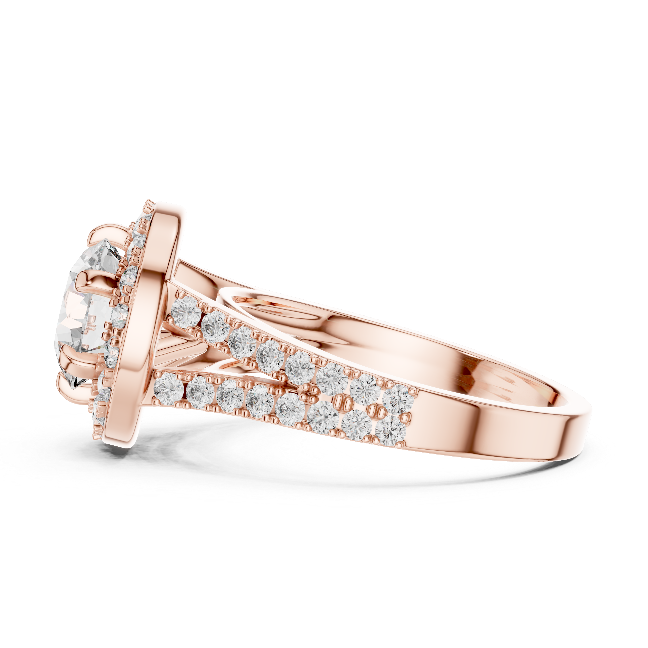 Rose gold ring with diamond accents on a white background