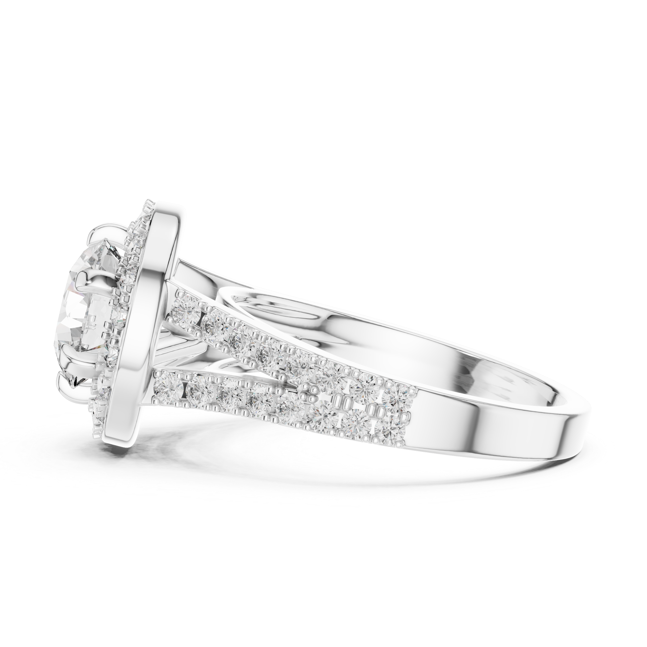 Silver ring with diamond accents on a white background
