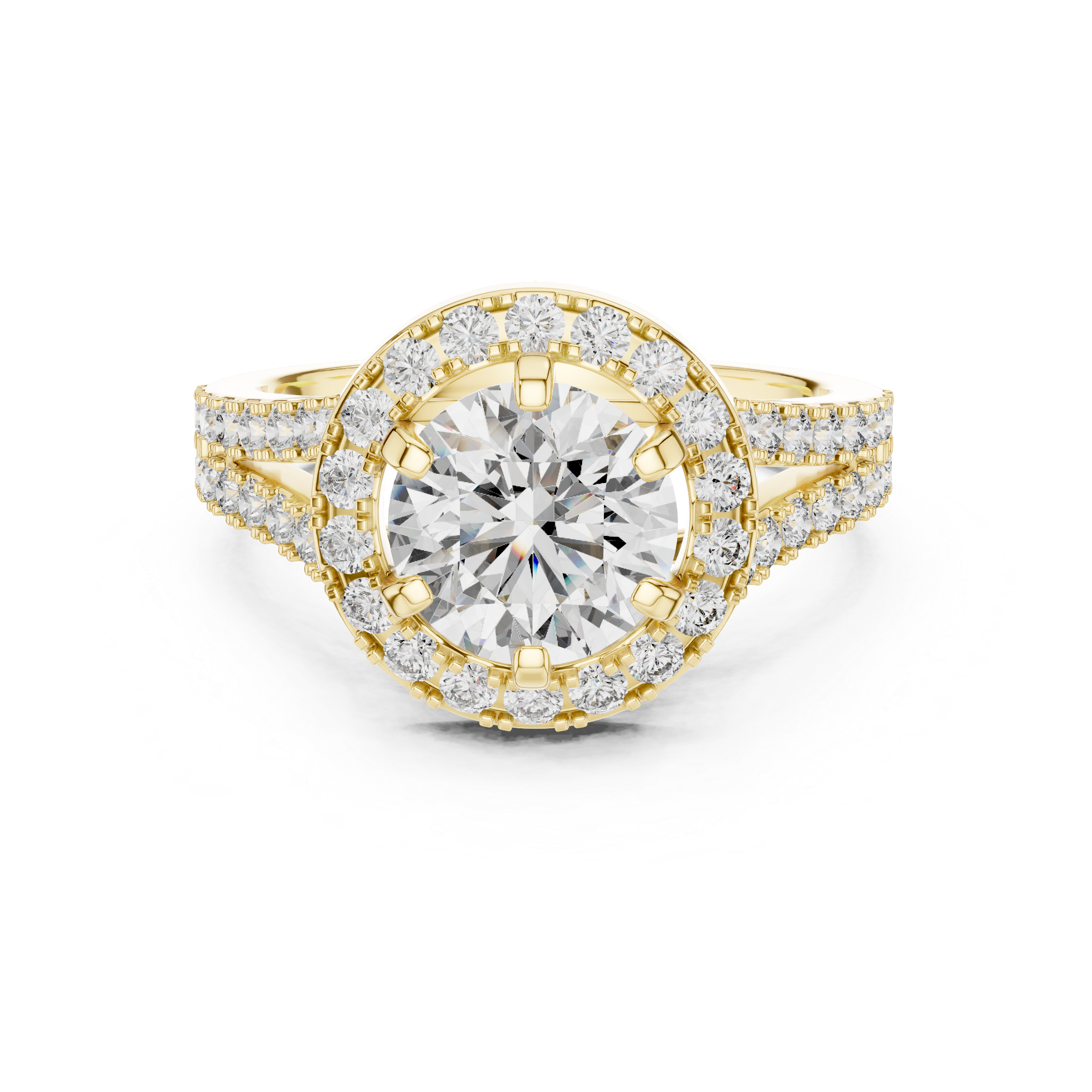 Gold ring with a large diamond and smaller diamonds on a white background