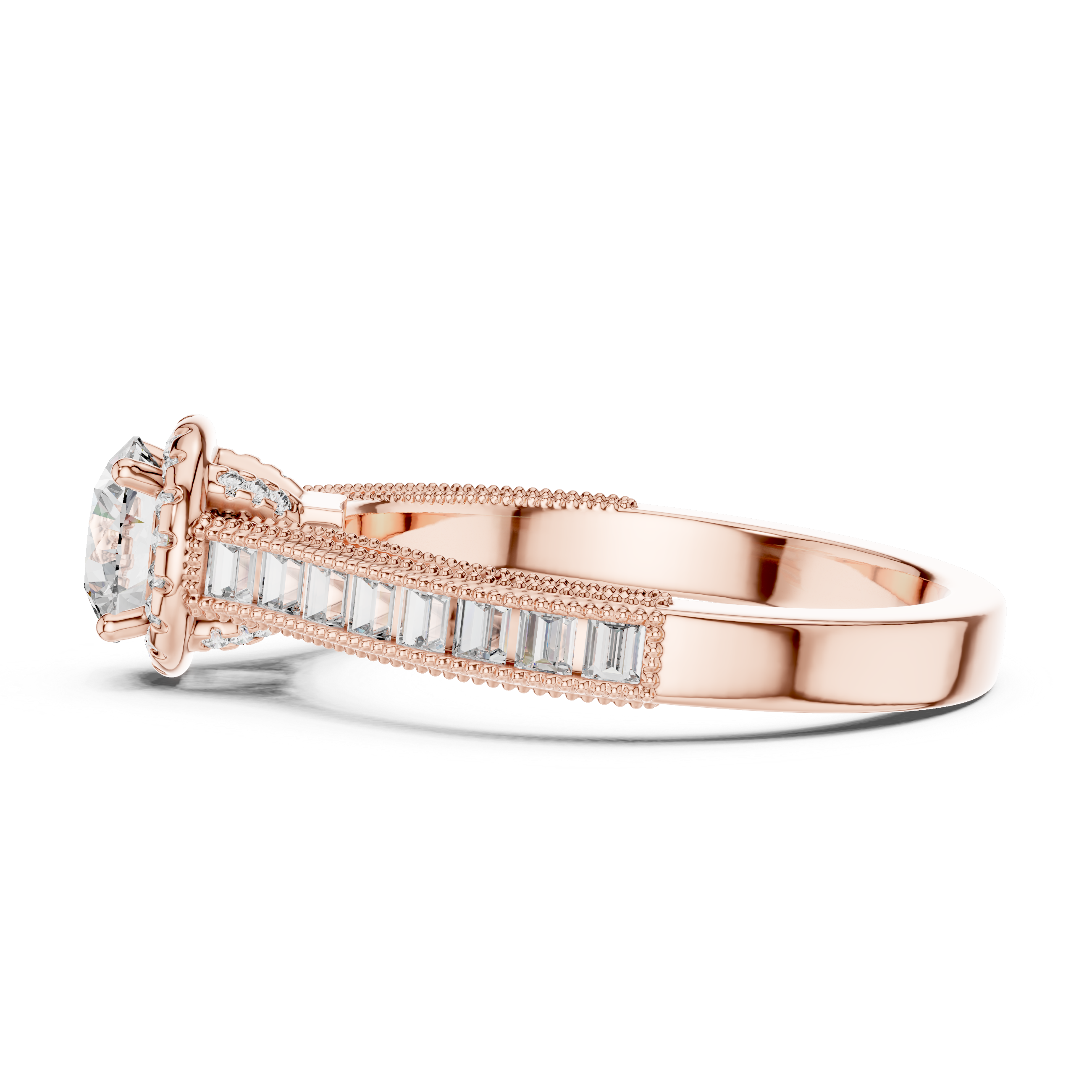 Rose gold ring with diamond accents on a white background
