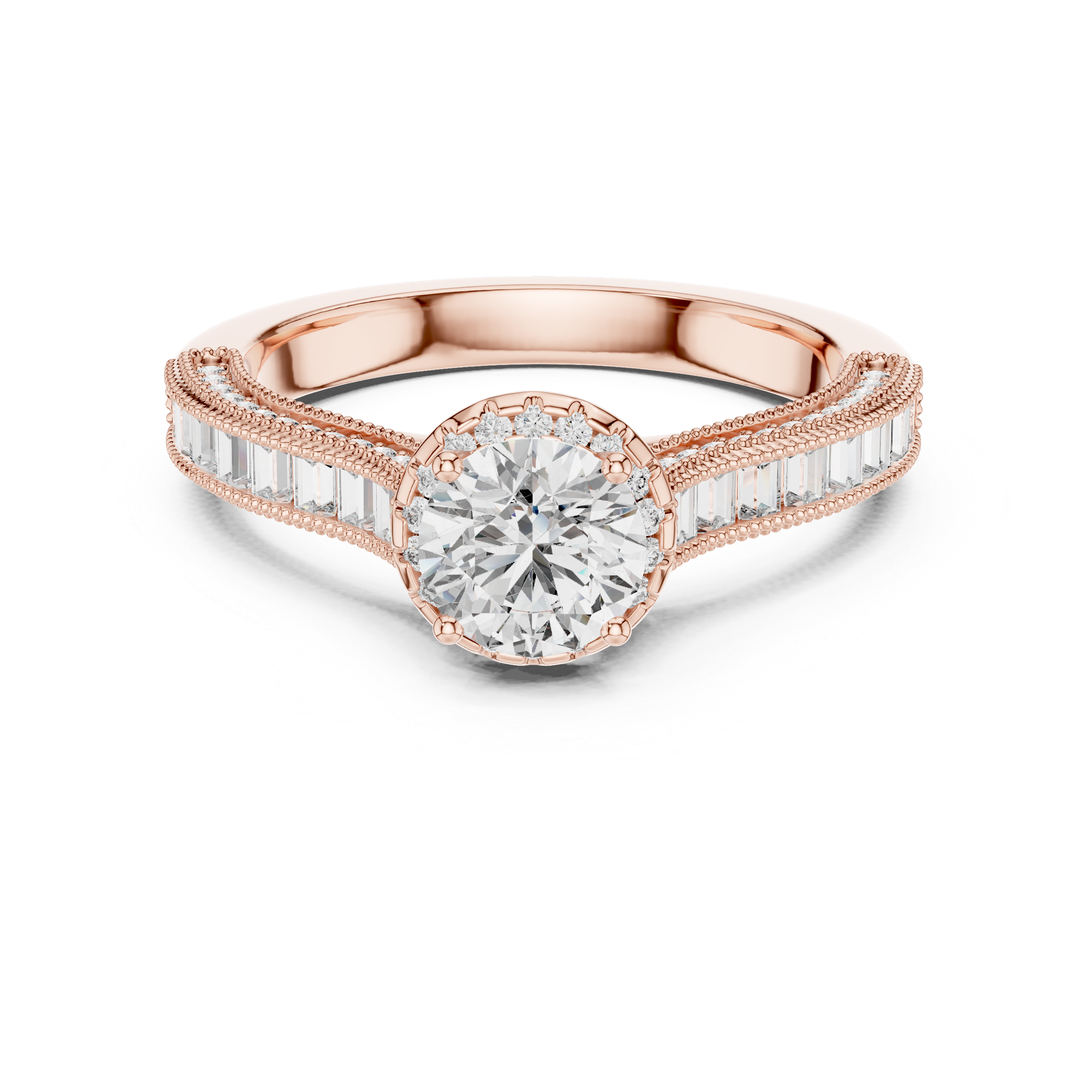 Rose gold diamond ring with a white gemstone on a white background