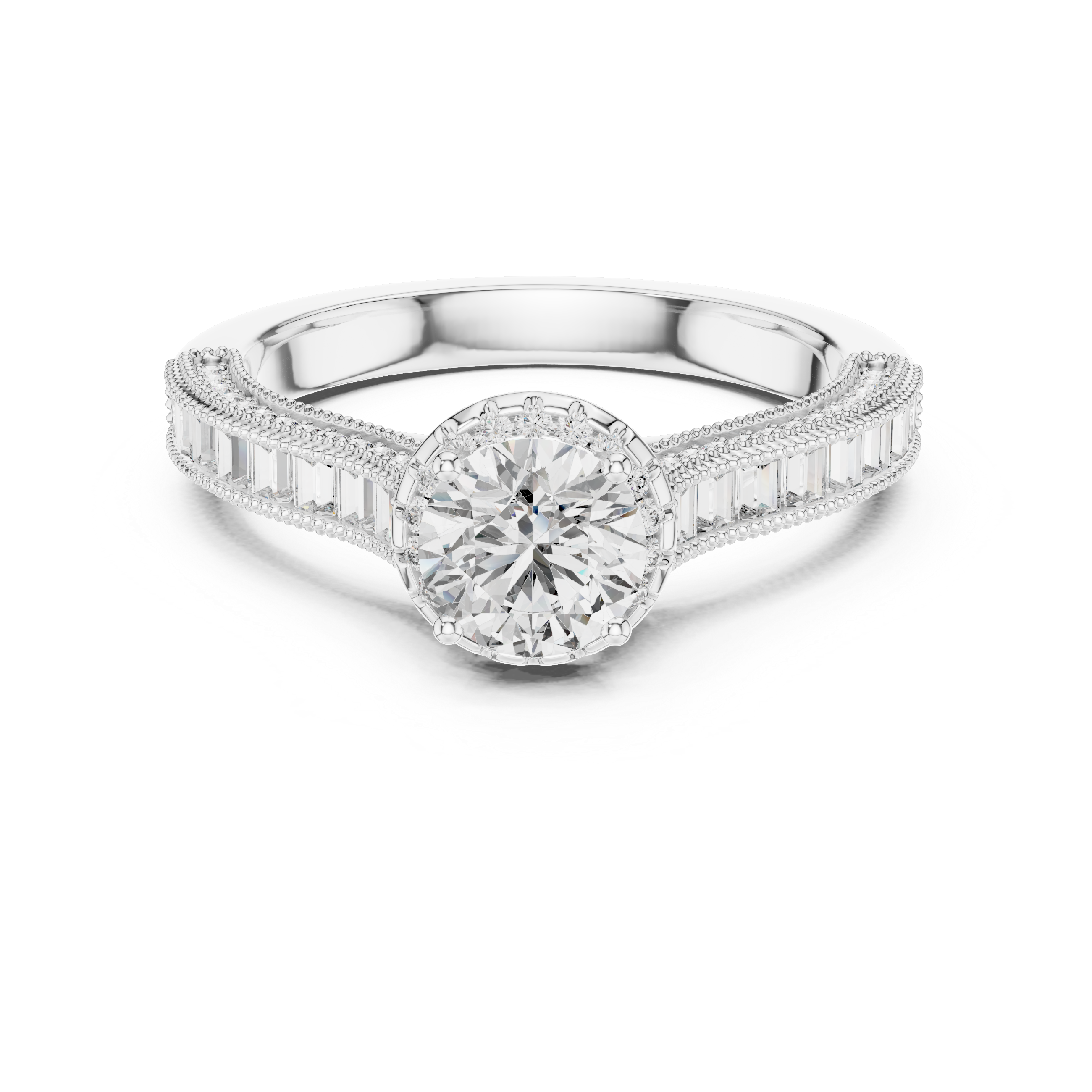 Diamond ring with a white gold band on a white background