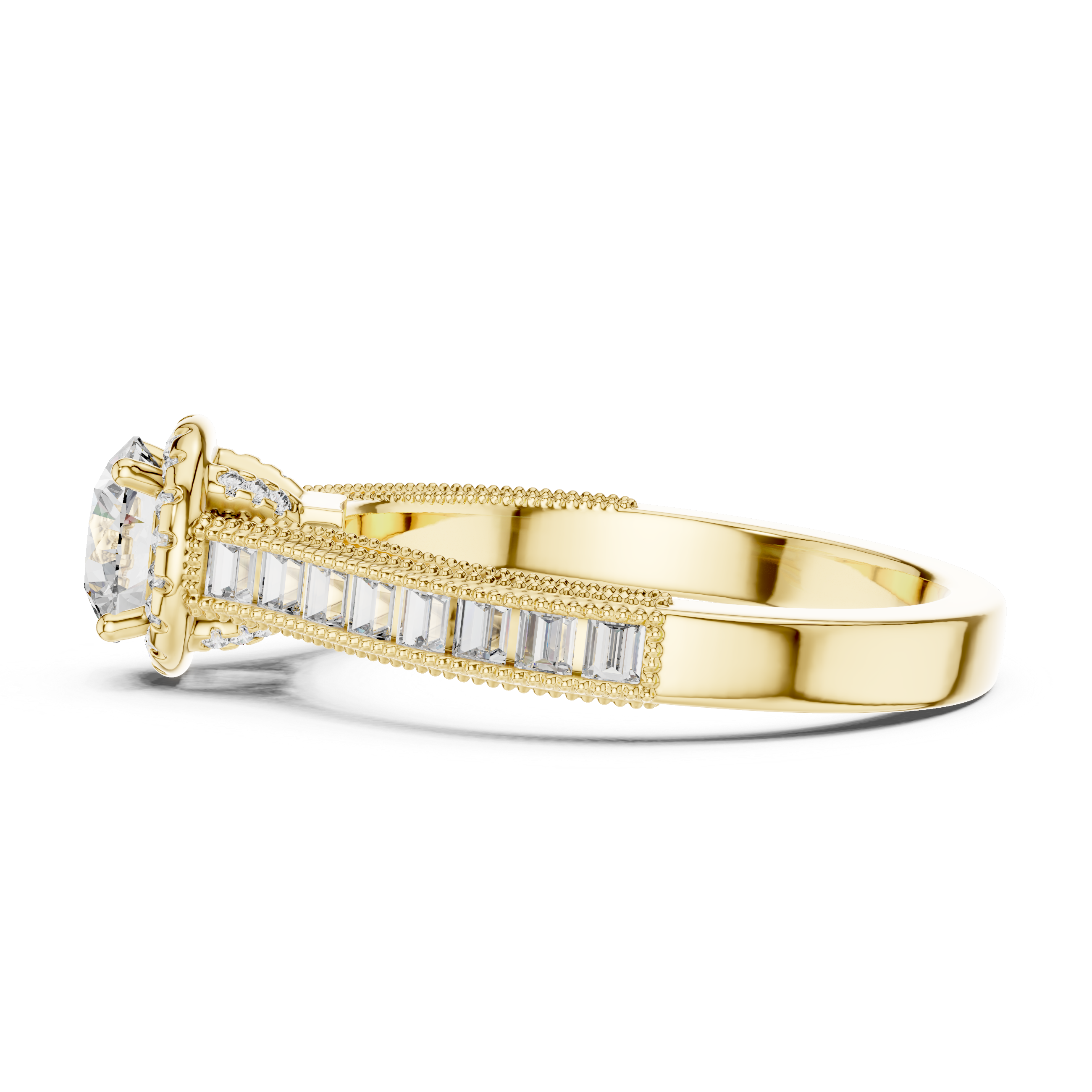 Gold ring with diamond accents on a white background