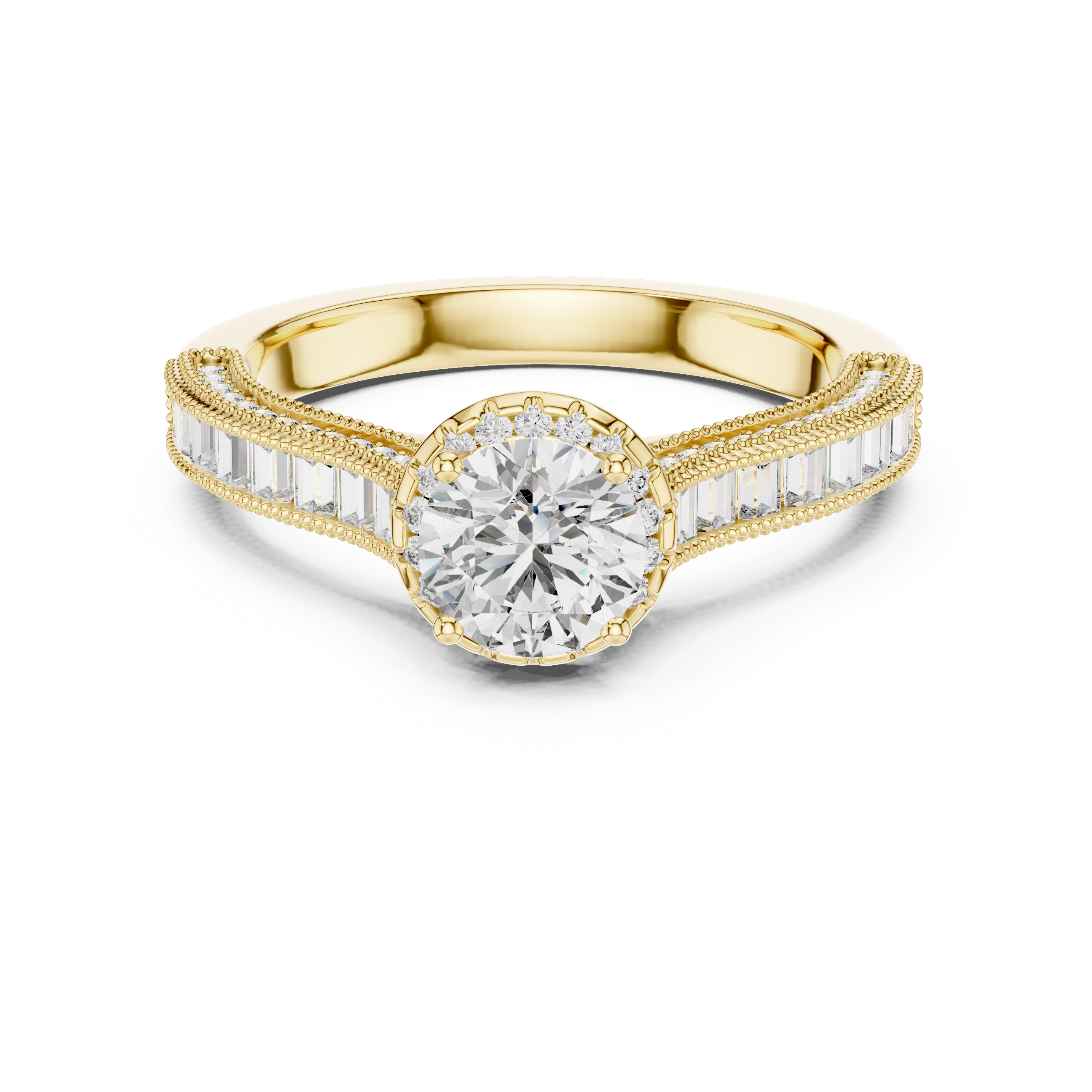 Gold ring with a diamond on a white background