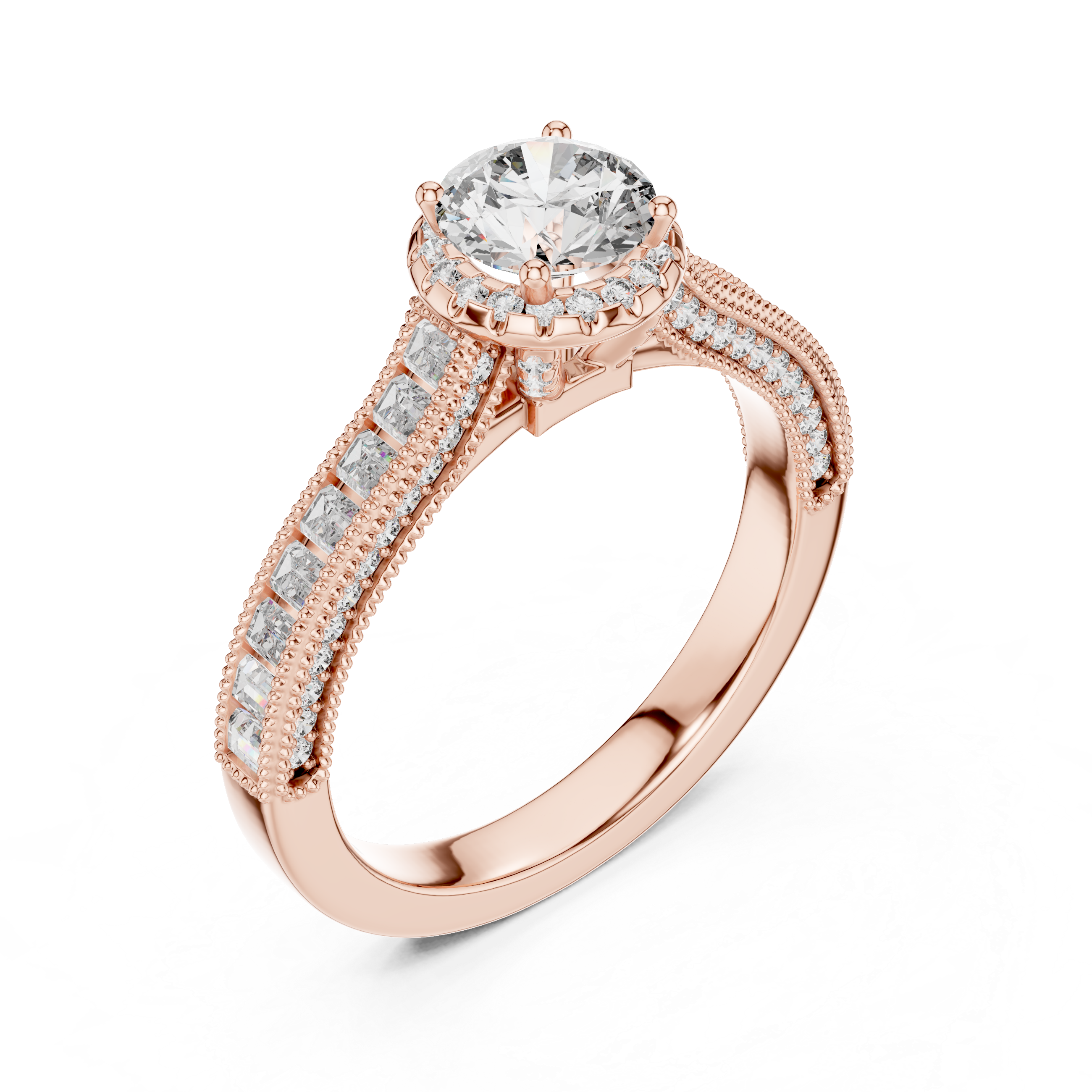 Rose gold ring with a large diamond and smaller diamonds on a white background
