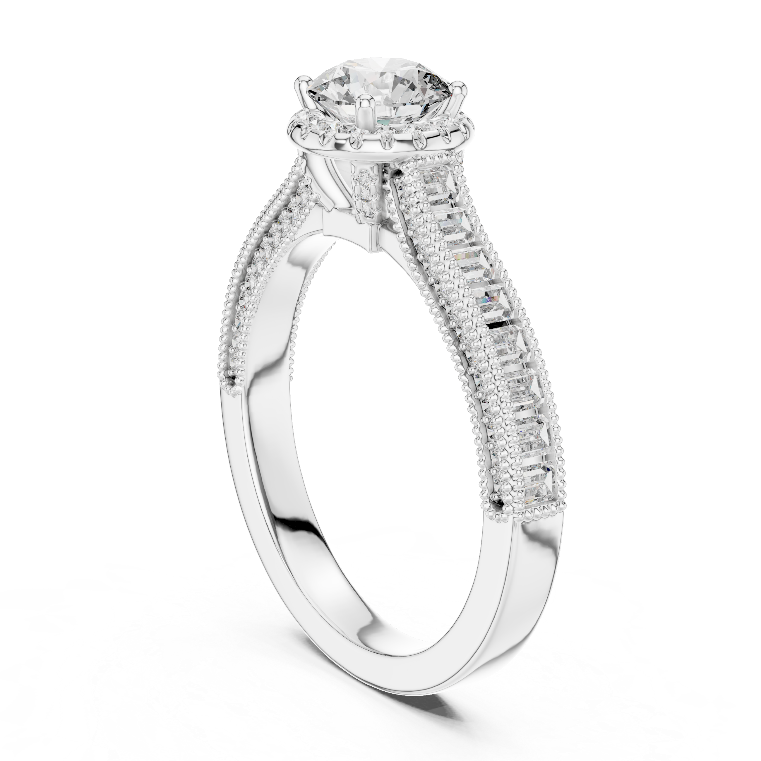 Diamond ring with a white gemstone on a white background
