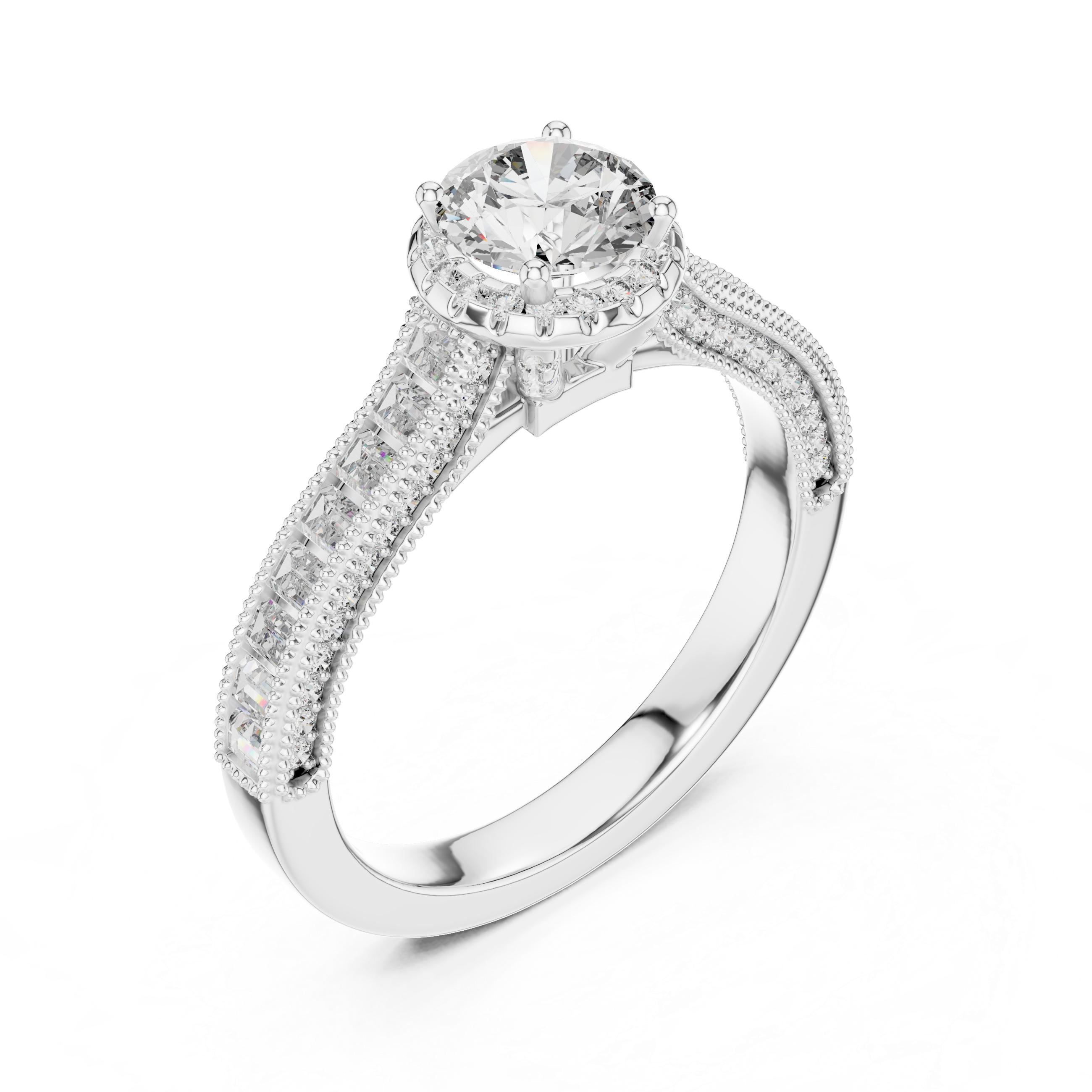 Diamond ring with a white gemstone on a white background