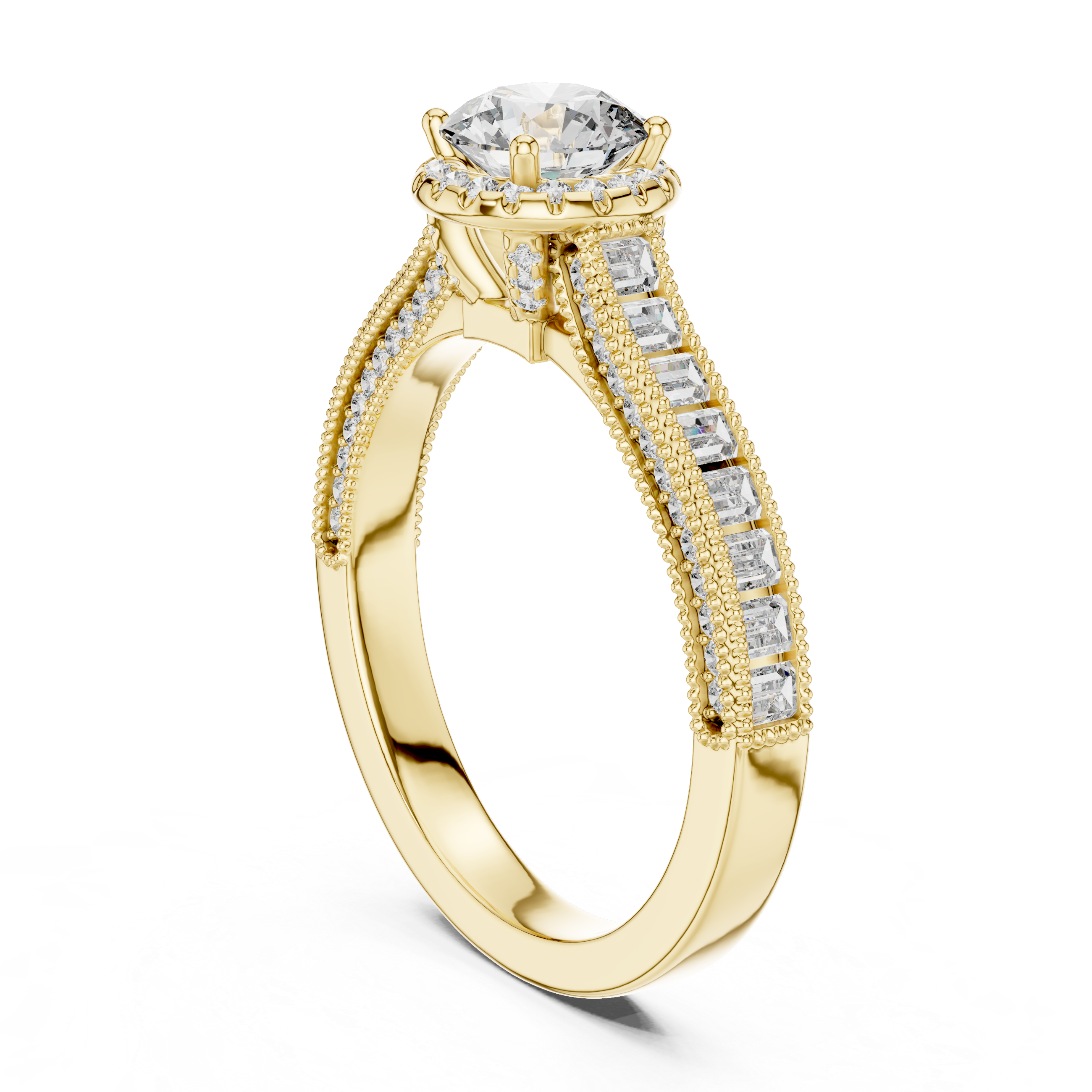 Gold ring with a diamond on a white background