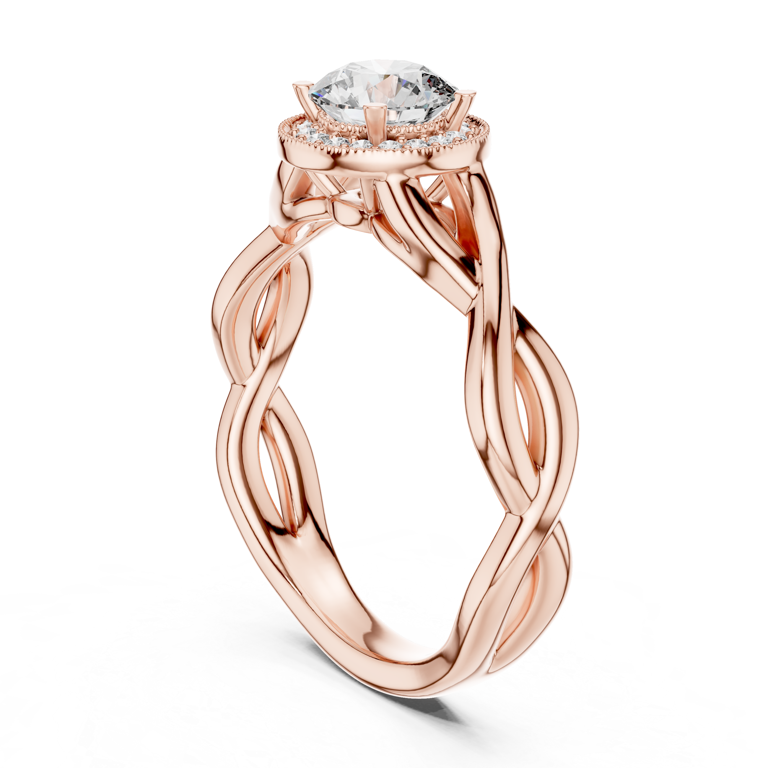 Rose gold ring with a diamond on a white background